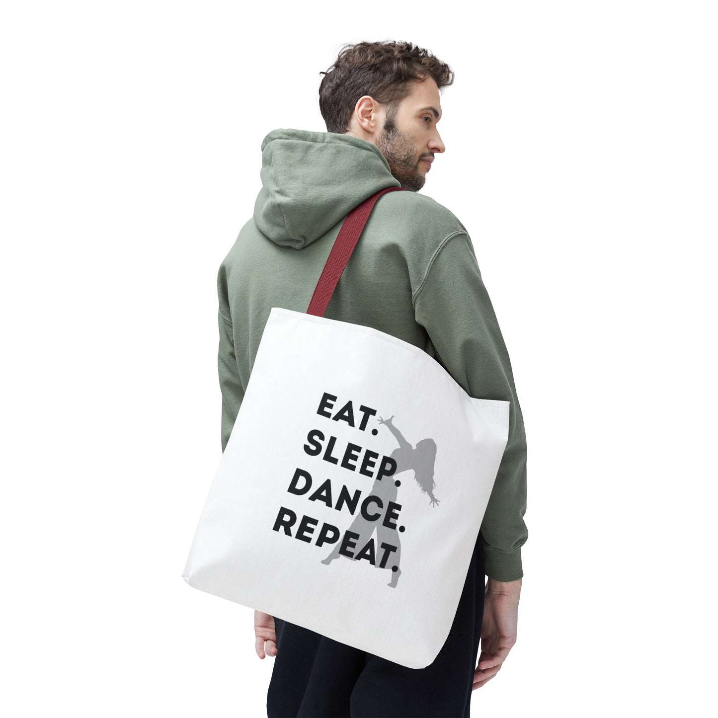 "Eat Sleep Dance Repeat" Canvas Tote Bag – Gray Dancer Silhouette Dance-Themed Reusable Shoulder Bag for Dancers, Studio, or Everyday Use