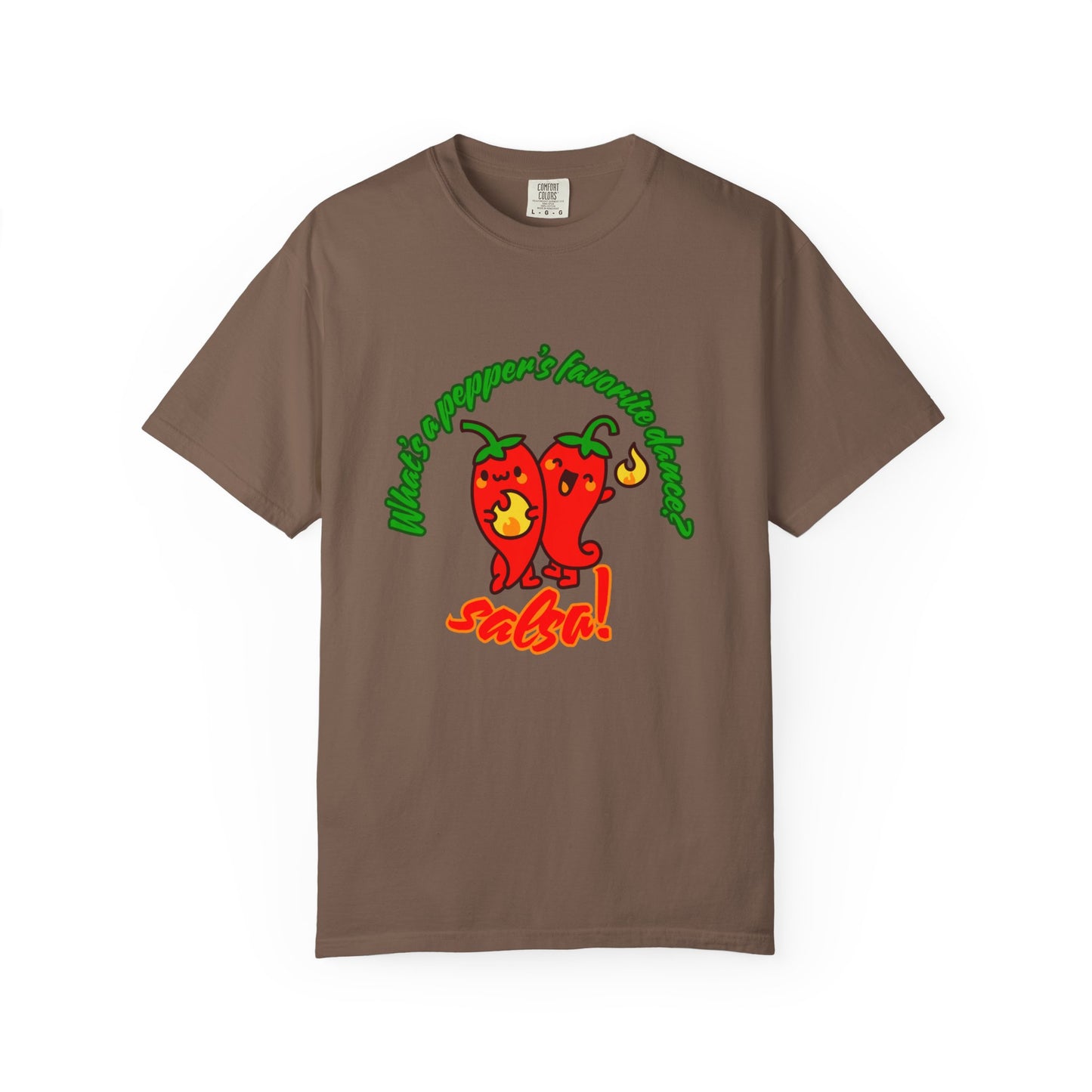 "What's a Pepper's Favorite Dance? Salsa!" Dance Pun Unisex Garment-Dyed T-Shirt – Funny Dance Joke Tee with Cute Pepper Graphic – Dance Humor Shirt for Food & Pun Lovers