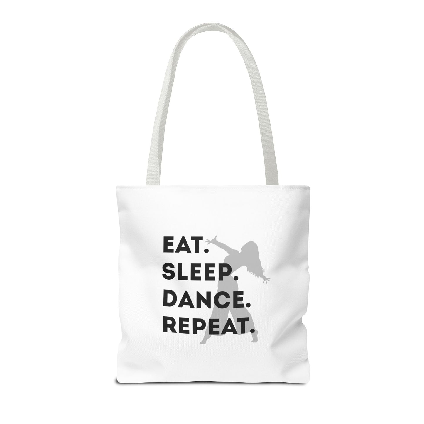 "Eat Sleep Dance Repeat" Canvas Tote Bag – Gray Dancer Silhouette Dance-Themed Reusable Shoulder Bag for Dancers, Studio, or Everyday Use