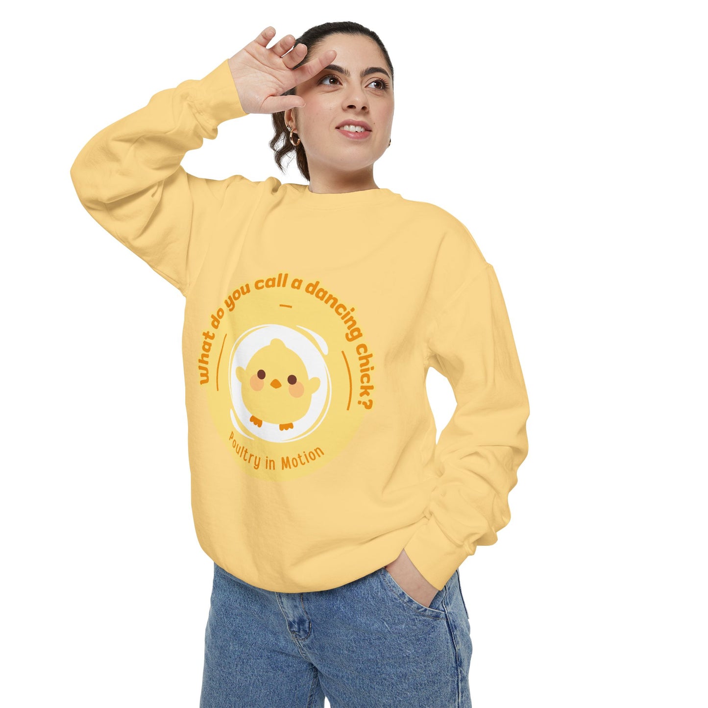 "What Do You Call a Dancing Chick? Poultry in Motion" Unisex Lightweight Crewneck Sweatshirt – Funny Dance Pun Pullover with Colorful Text Graphic for Dancers & Humor Lovers