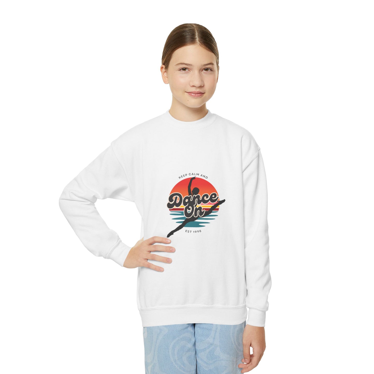 "Keep Calm and Dance On" Youth Crewneck Sweatshirt – Retro Graphic Dance-Themed Kids Pullover for Young Performers