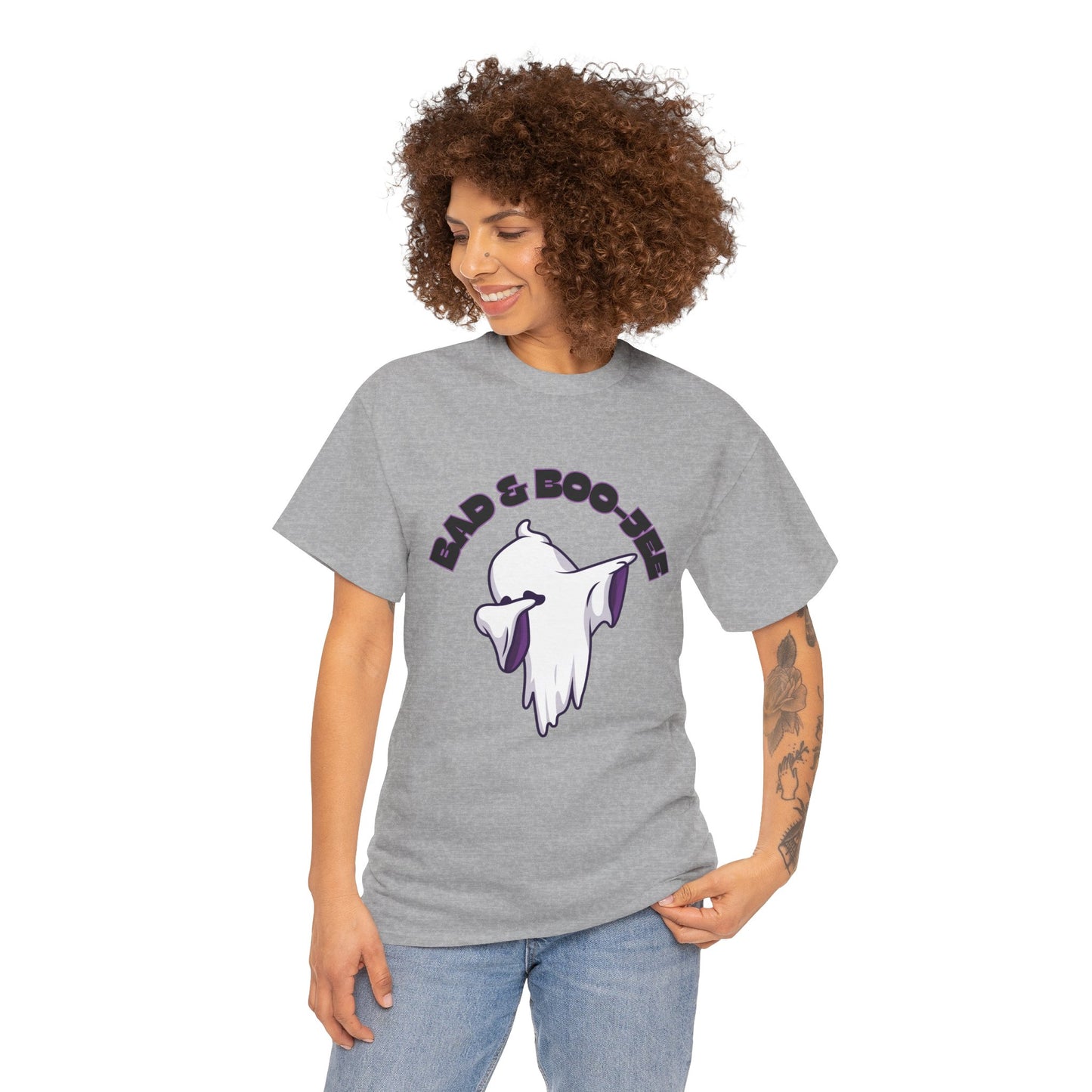 “Bad & Boo-jee” Funny Halloween Dance T-Shirt with Cute Ghost Dab Graphic - Unisex Heavy Cotton Tee