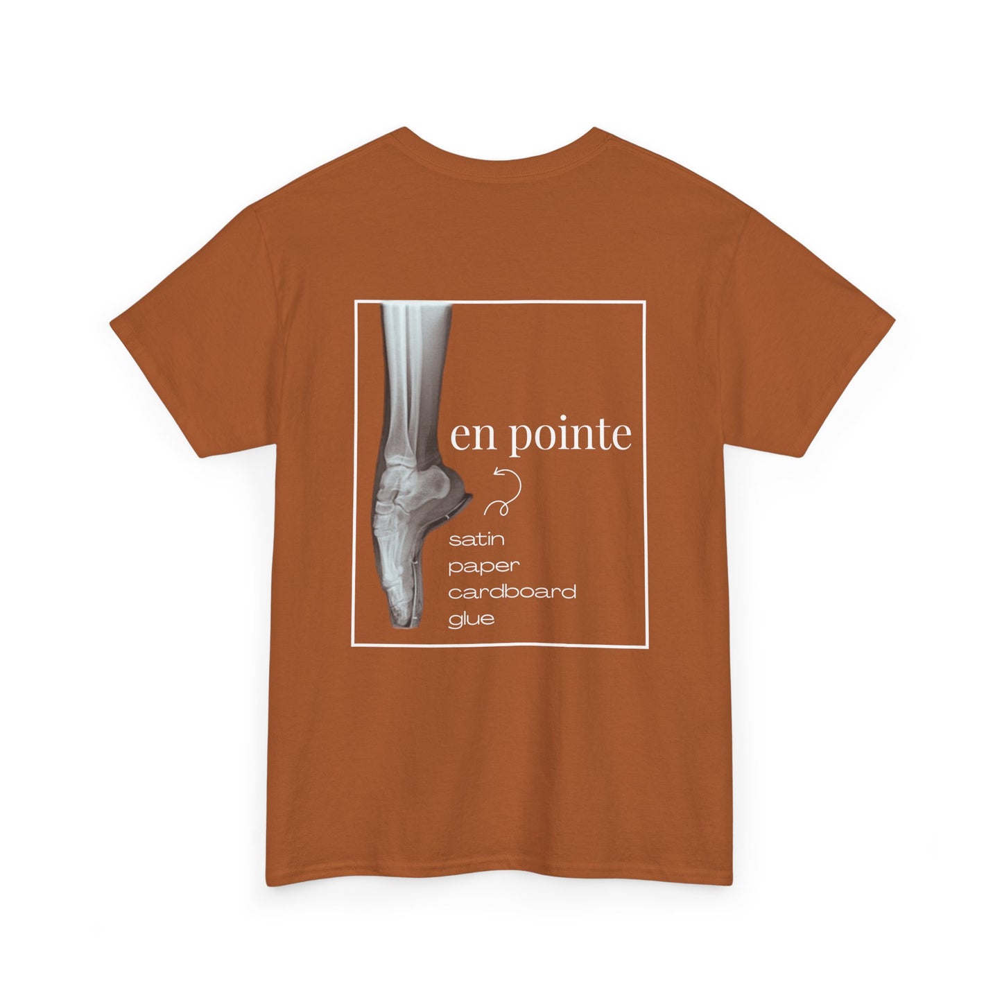 “I Dance en Pointe” X-Ray Ballet T-Shirt – Unisex Heavy Cotton Tee Featuring Pointe Shoe Foot Graphic with Optional Name or Studio Personalization on the back