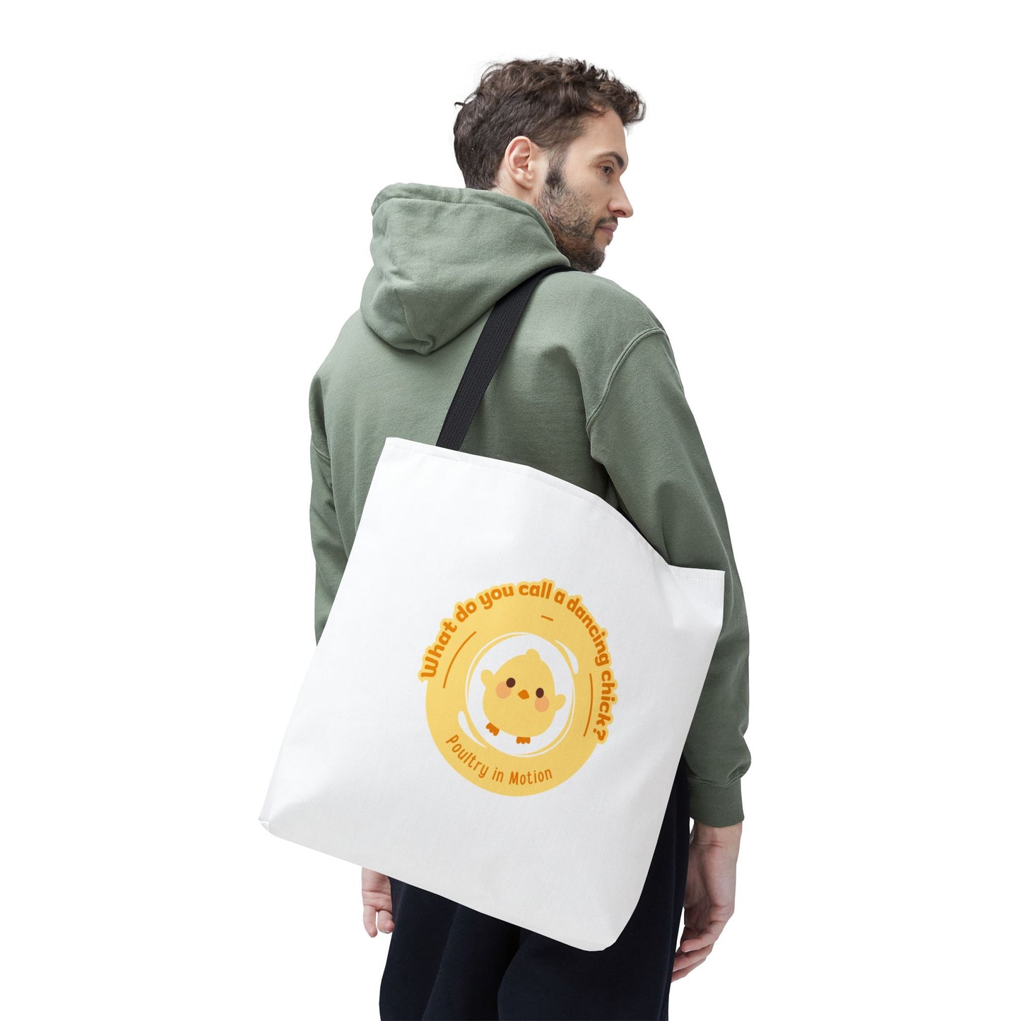 "What do you call a dancing chick? Poultry in Motion" Funny Dance Tote Bag – Kawaii Chicken Canvas Tote for Dancers & Dance Lovers