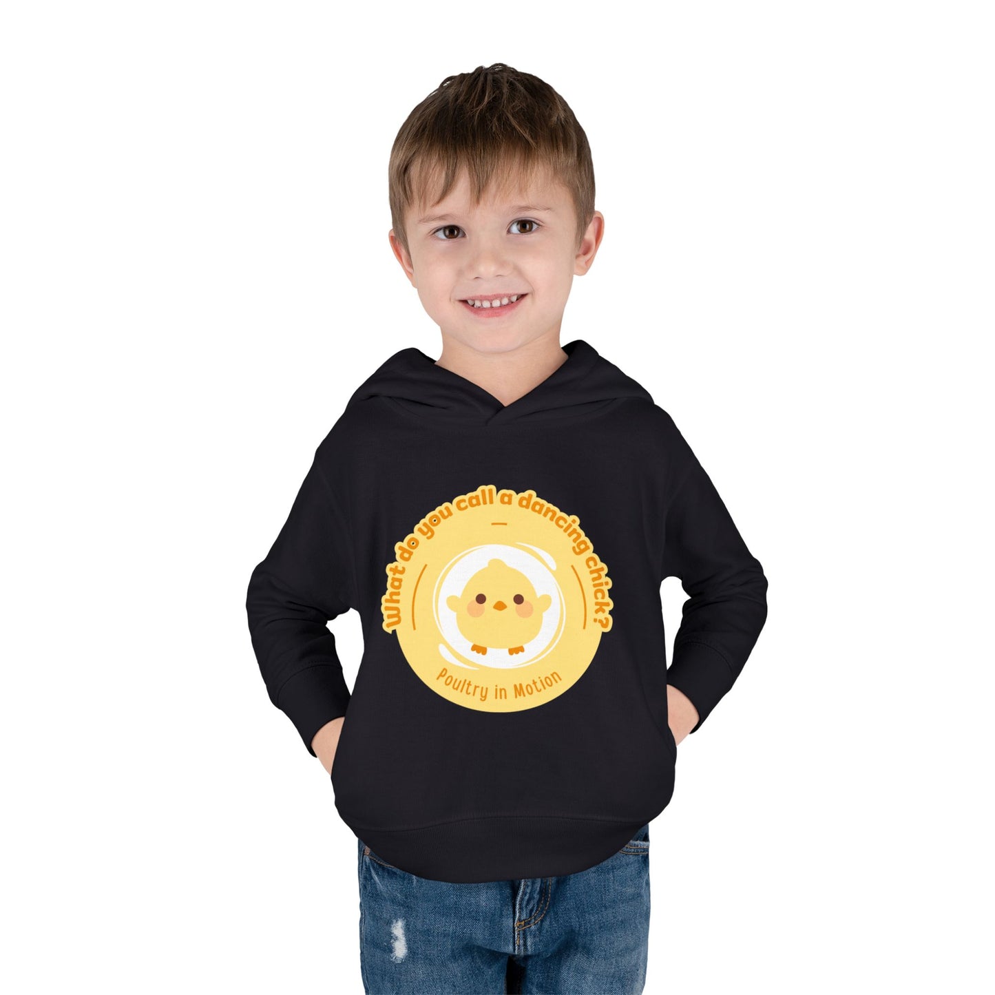 "What do you call a dancing chick? Poultry in Motion." Toddler Pullover Hoodie – Funny Dancing Chicken Pun Graphic Fleece Sweatshirt for Kids