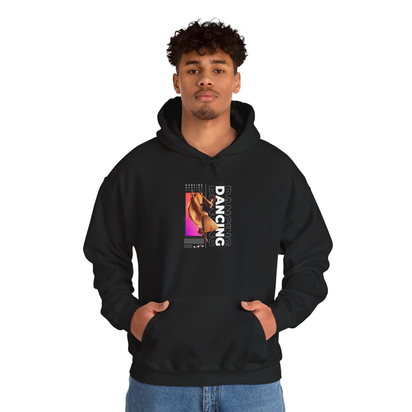 "Dancing” Text with Streetwear-Style Female Dancer Graphic - Unisex Heavy Blend™ Hooded Sweatshirt – Cozy Dance Hoodie for Ballet & Hip-Hop Enthusiasts