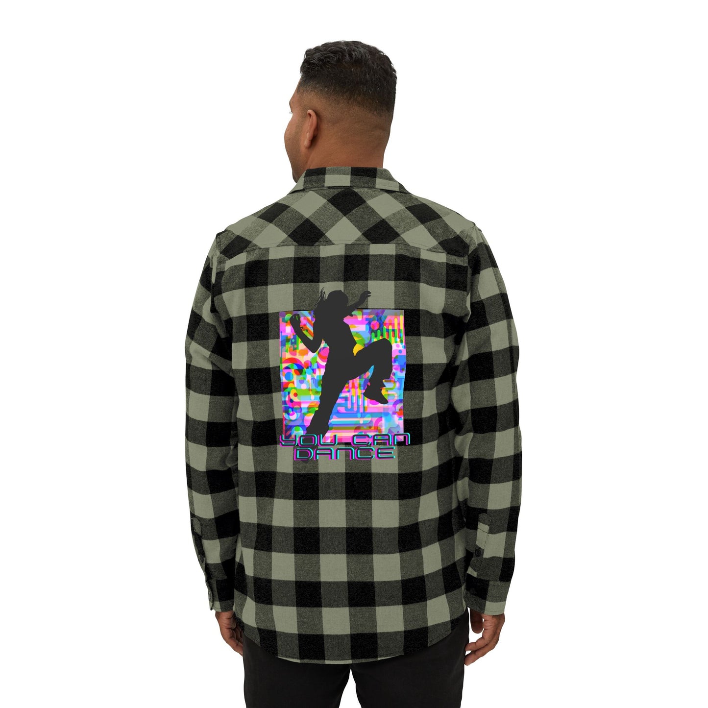 Levels Premium Collection Flannel Shirt – Unisex Streetwear Button-Up with "Levels Pictures Textures" Front Text and Bold Dancer Silhouette Back Graphic