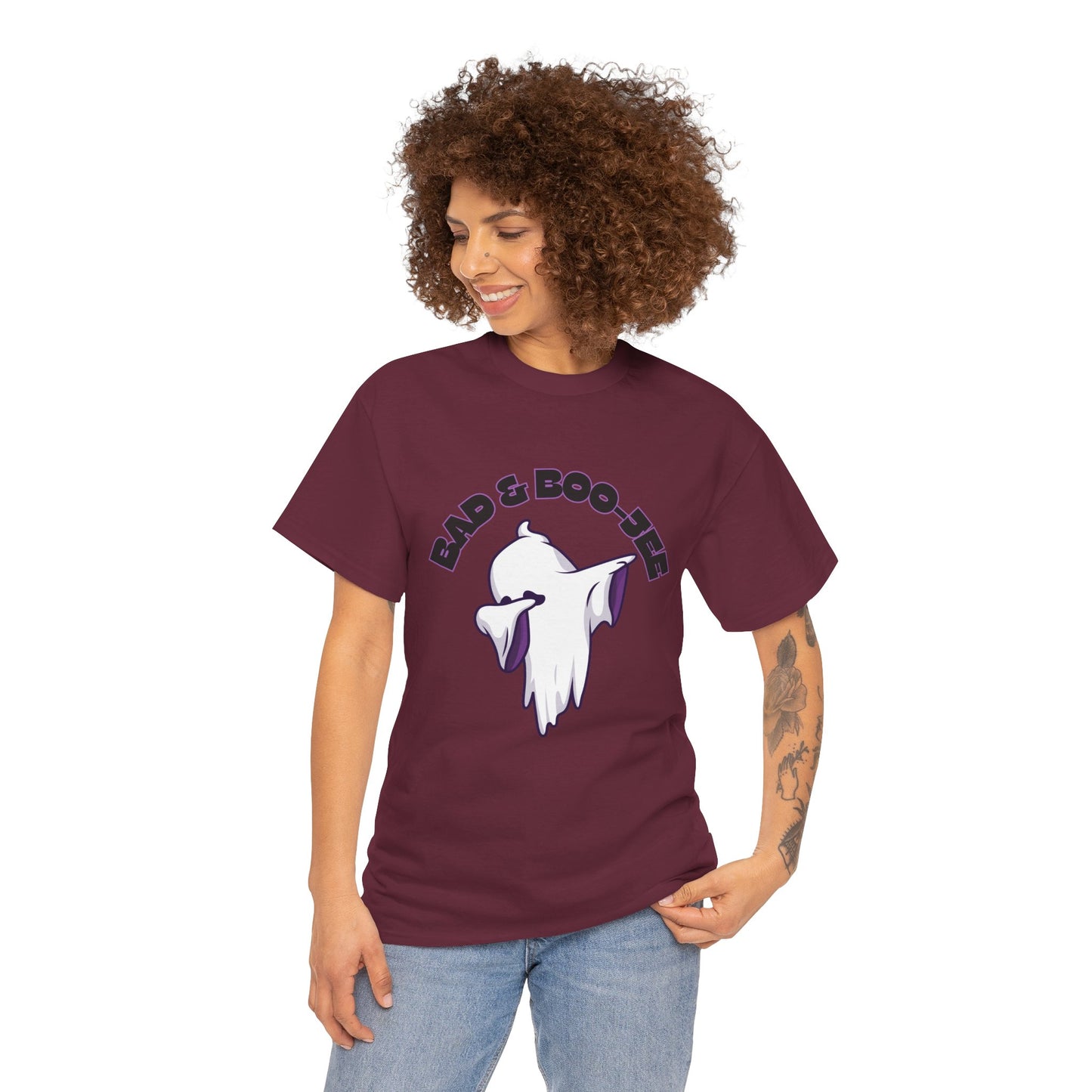 “Bad & Boo-jee” Funny Halloween Dance T-Shirt with Cute Ghost Dab Graphic - Unisex Heavy Cotton Tee