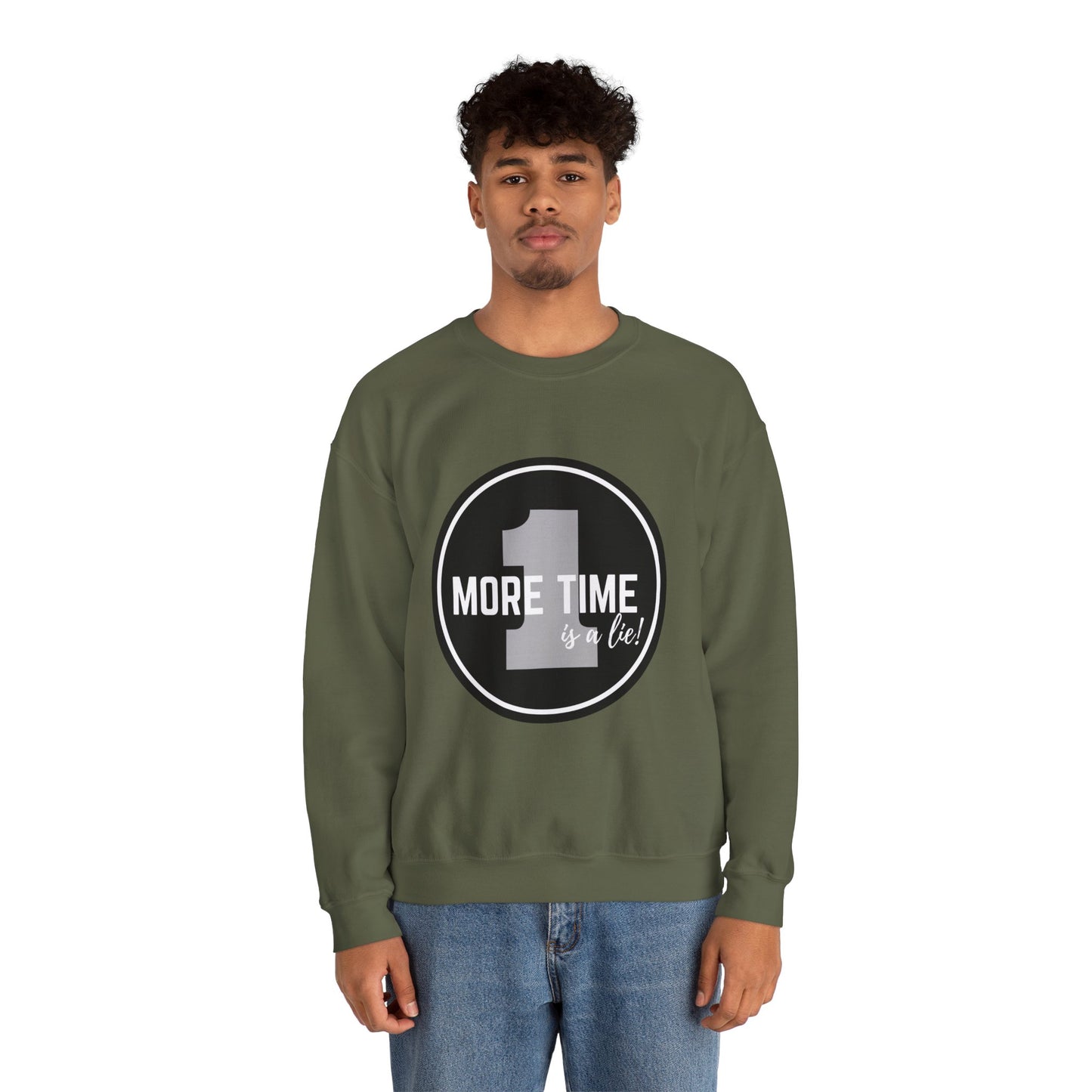 "One More Time Is a Lie." Unisex Heavy Blend Crewneck Sweatshirt – Bold Emblem Graphic Dance Teacher Quote Pullover for Dancers & Studio Life