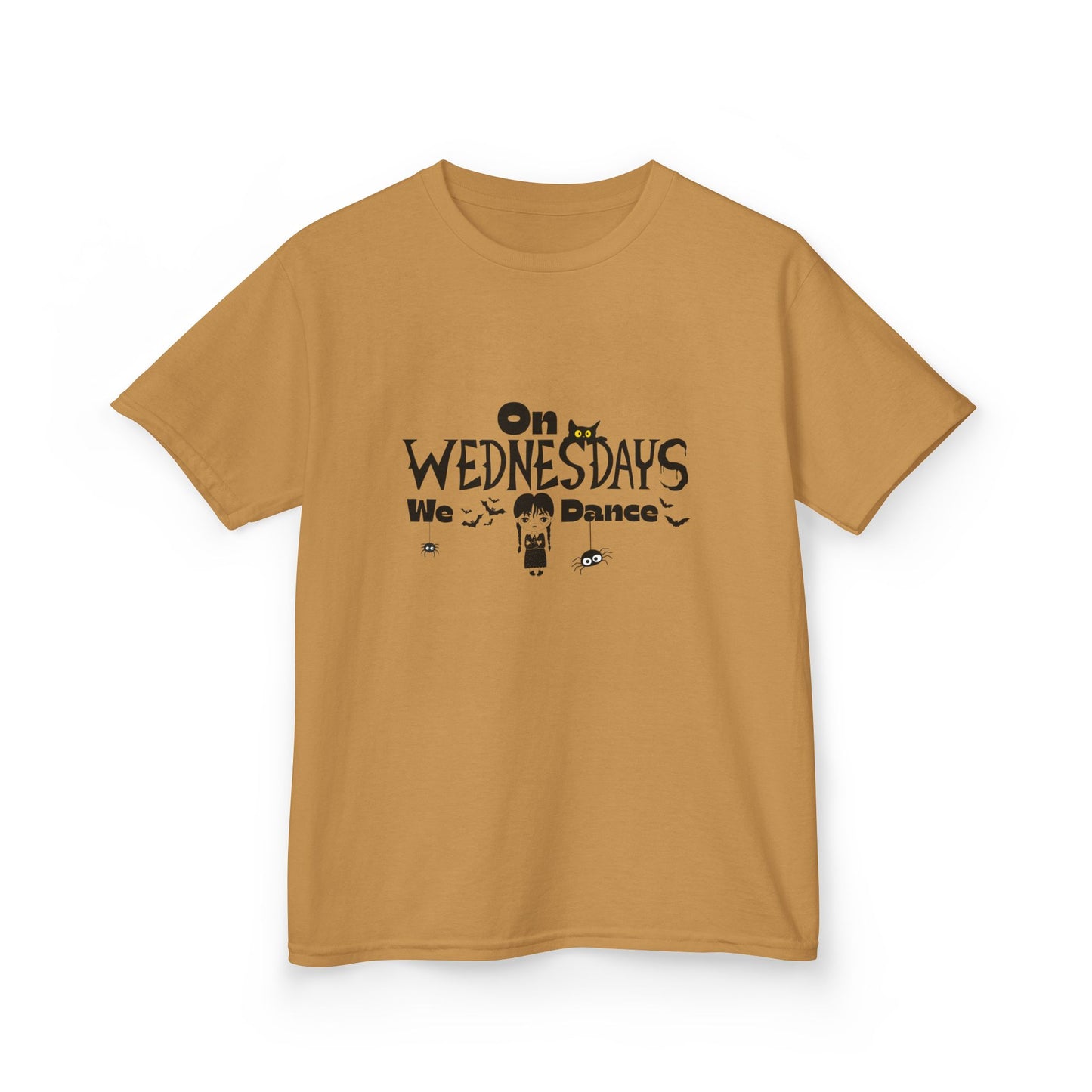 “On Wednesdays We Dance” Gothic Halloween T-Shirt with Cute Girl, Black Cat, Spiders & Bats - Kids Heavy Cotton™ Tee