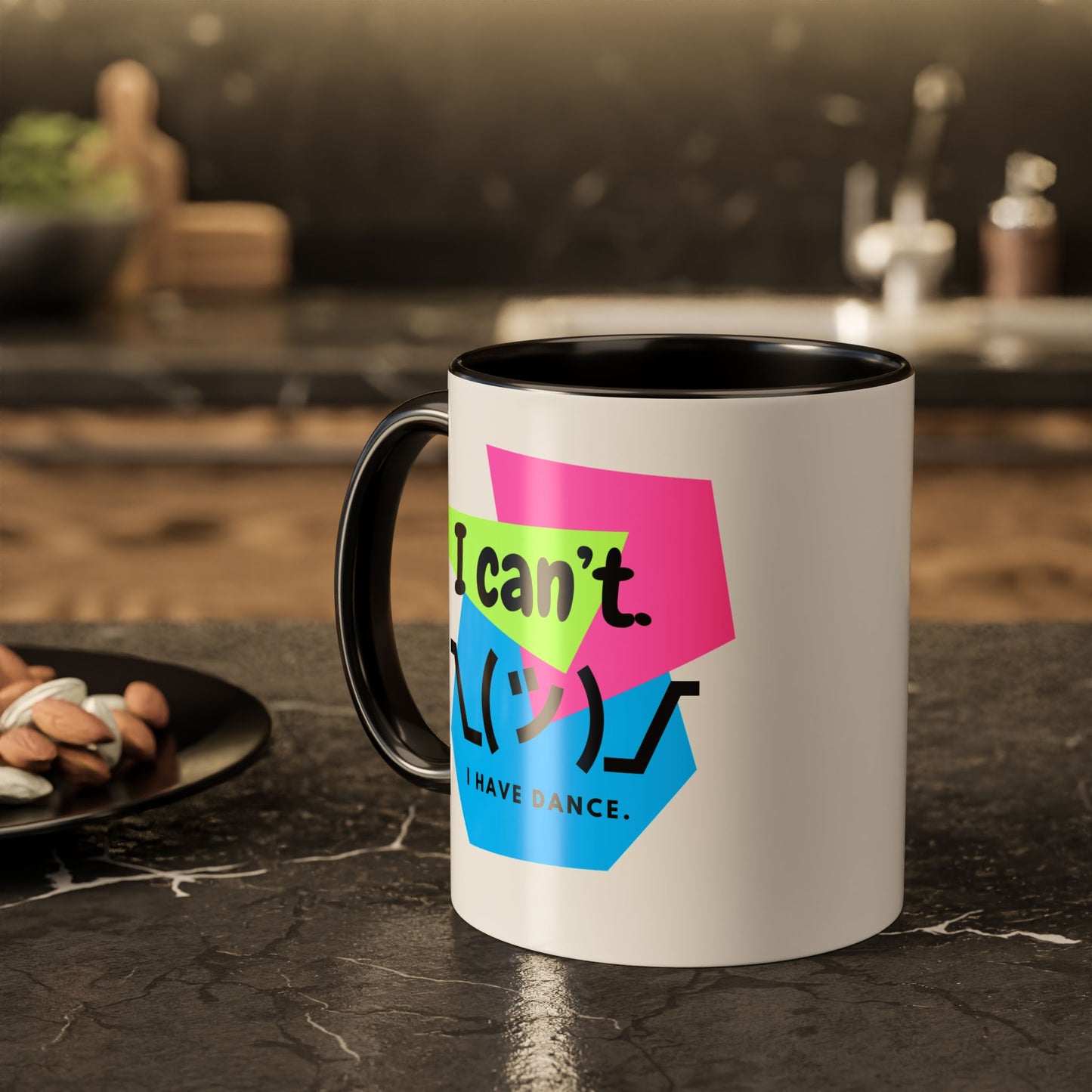 “I Can’t. I Have Dance Mug.” with Colored Handles – Bold 80s Retro Dance Graphic Coffee Cup