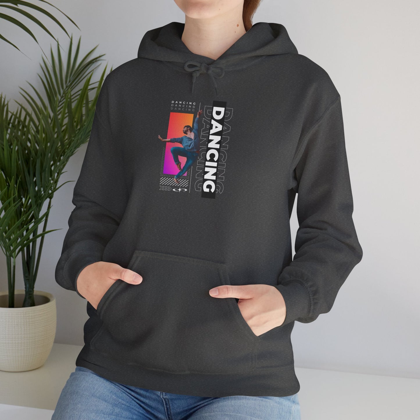 “Dancing” Text with Streetwear-Style Male Dancer Graphic – Unisex Heavy Blend™ Hooded Sweatshirt – Cozy Dance Hoodie for Performers & Dance Enthusiasts