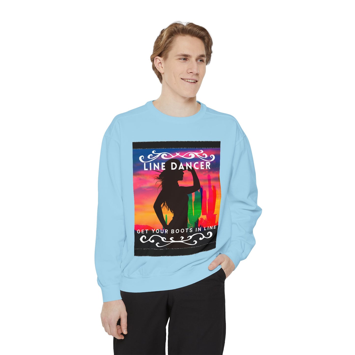 "Line Dancer, Get Your Boots in Line" Unisex Lightweight Crewneck Sweatshirt – Western Dance Graphic Pullover for Country Music & Boot Scootin’ Fans