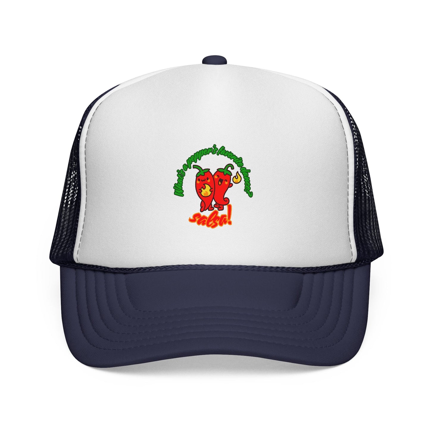 “What’s a Pepper’s Favorite Dance? Salsa!” Funny Unisex Cap with Cute Chili Pepper Graphic, Salsa Dance Trucker Hat – Dance-Themed Hat for Dancers & Foodies