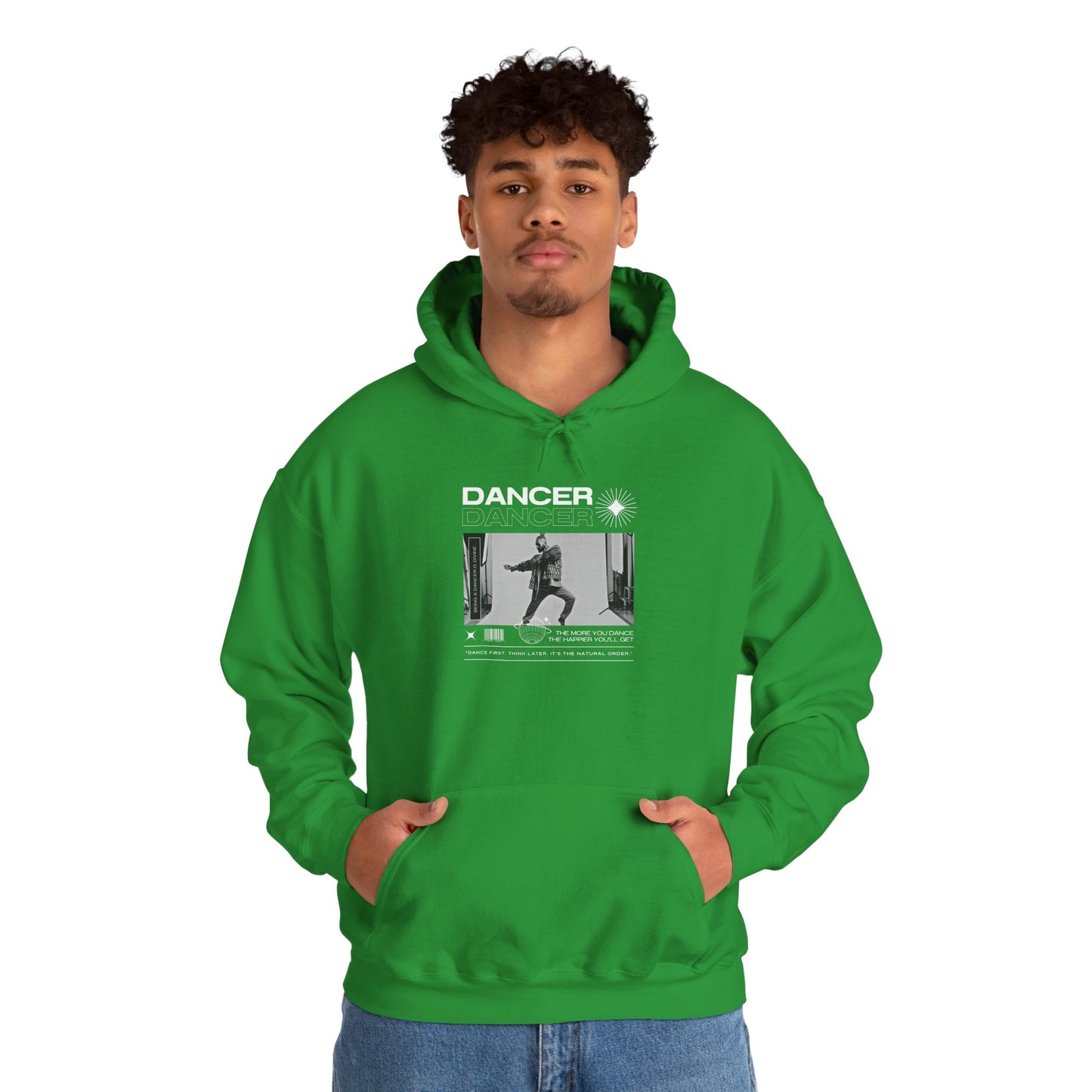 “Dancer” Text with Jazz-Inspired Streetwear-Style Pose Graphic – Unisex Heavy Blend™ Hooded Sweatshirt – Cozy Dance Hoodie for Jazz Dancers & Performing Arts Lovers  "