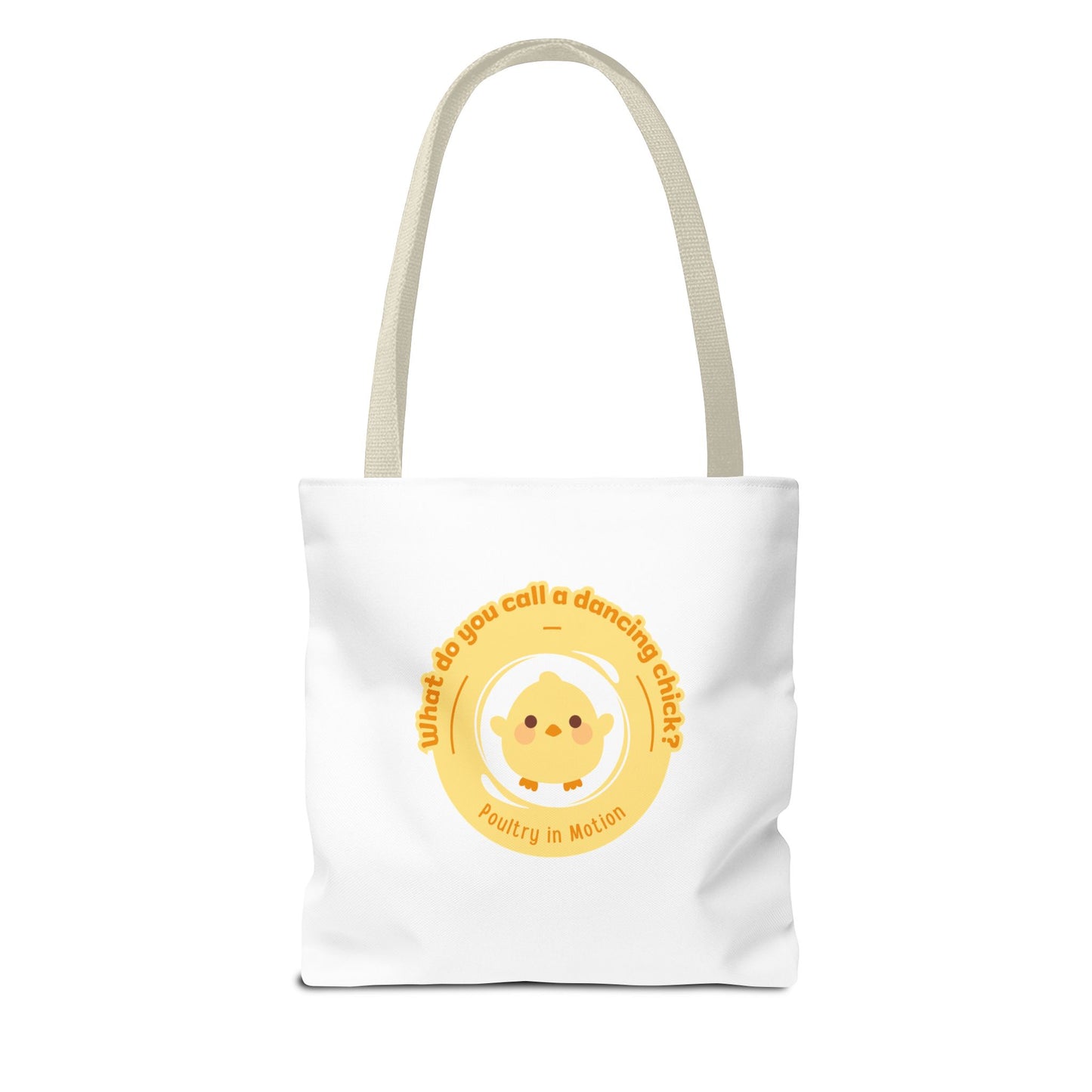 "What do you call a dancing chick? Poultry in Motion" Funny Dance Tote Bag – Kawaii Chicken Canvas Tote for Dancers & Dance Lovers