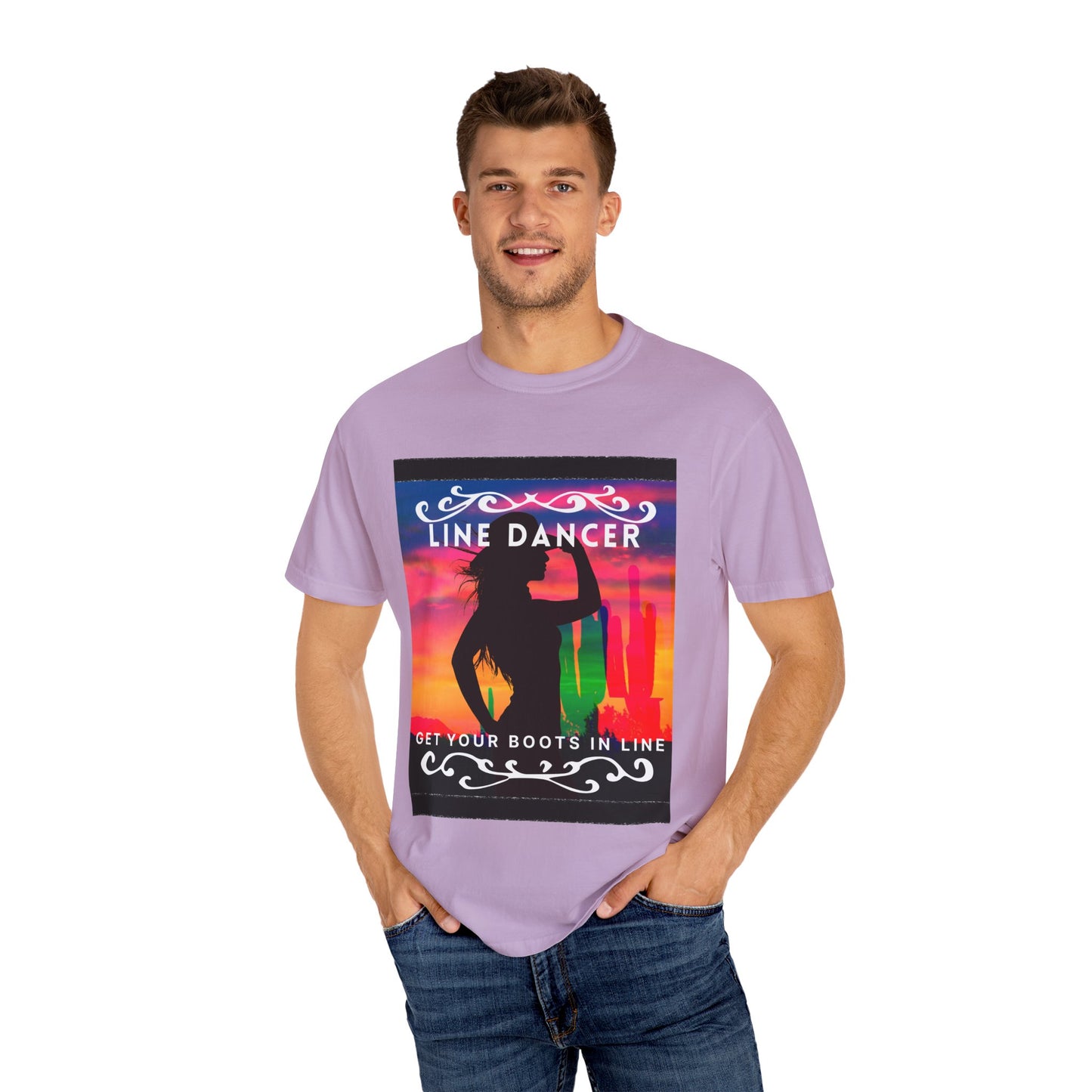 "Line Dancer" Unisex Garment-Dyed T-Shirt – Western Country Dance Graphic Tee – 'Get Your Boots in Line' Cowboy-Inspired Shirt