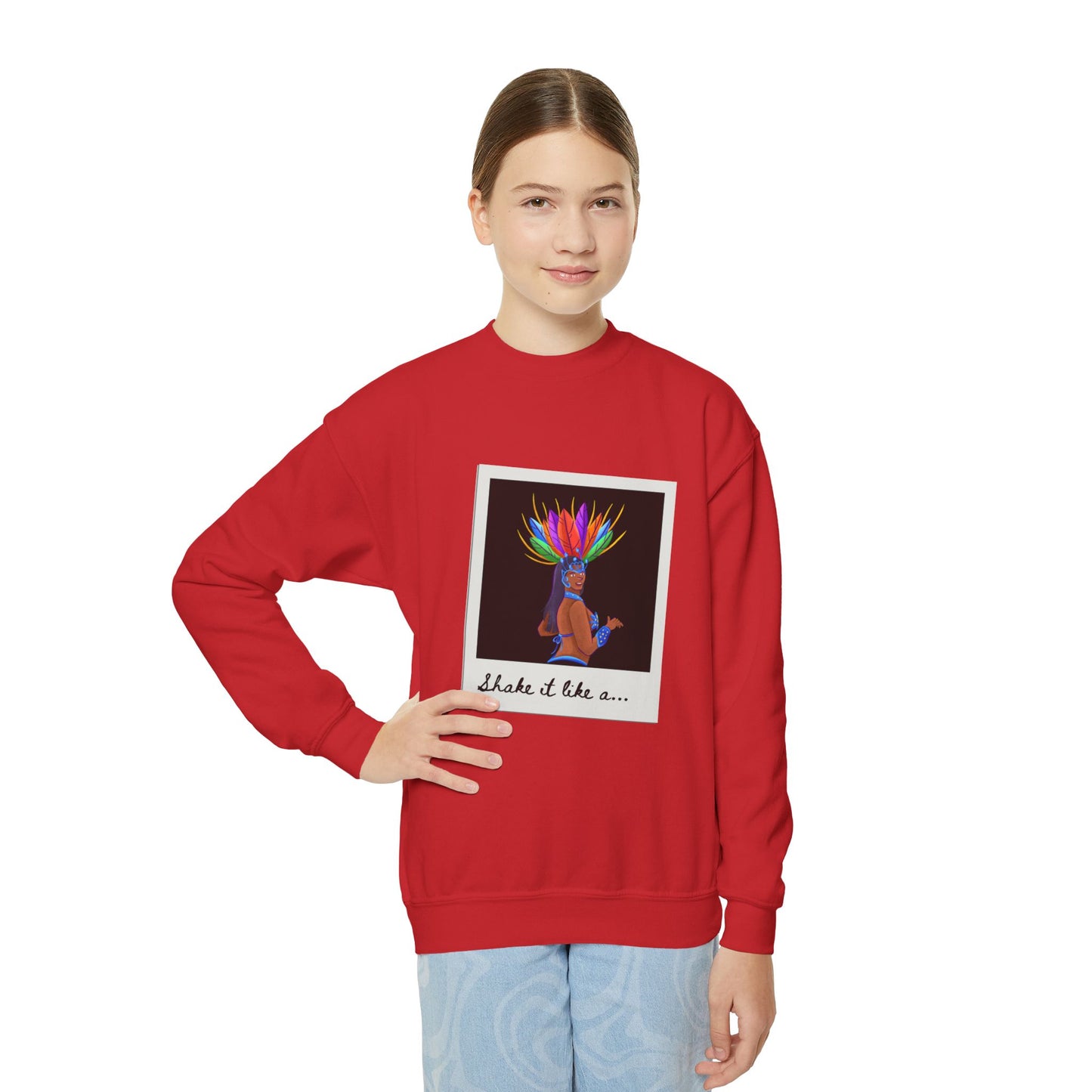 "Shake It Like a..." Youth Crewneck Sweatshirt – Carnival-Inspired Samba Dancer Graphic Pullover for Kids and Teens
