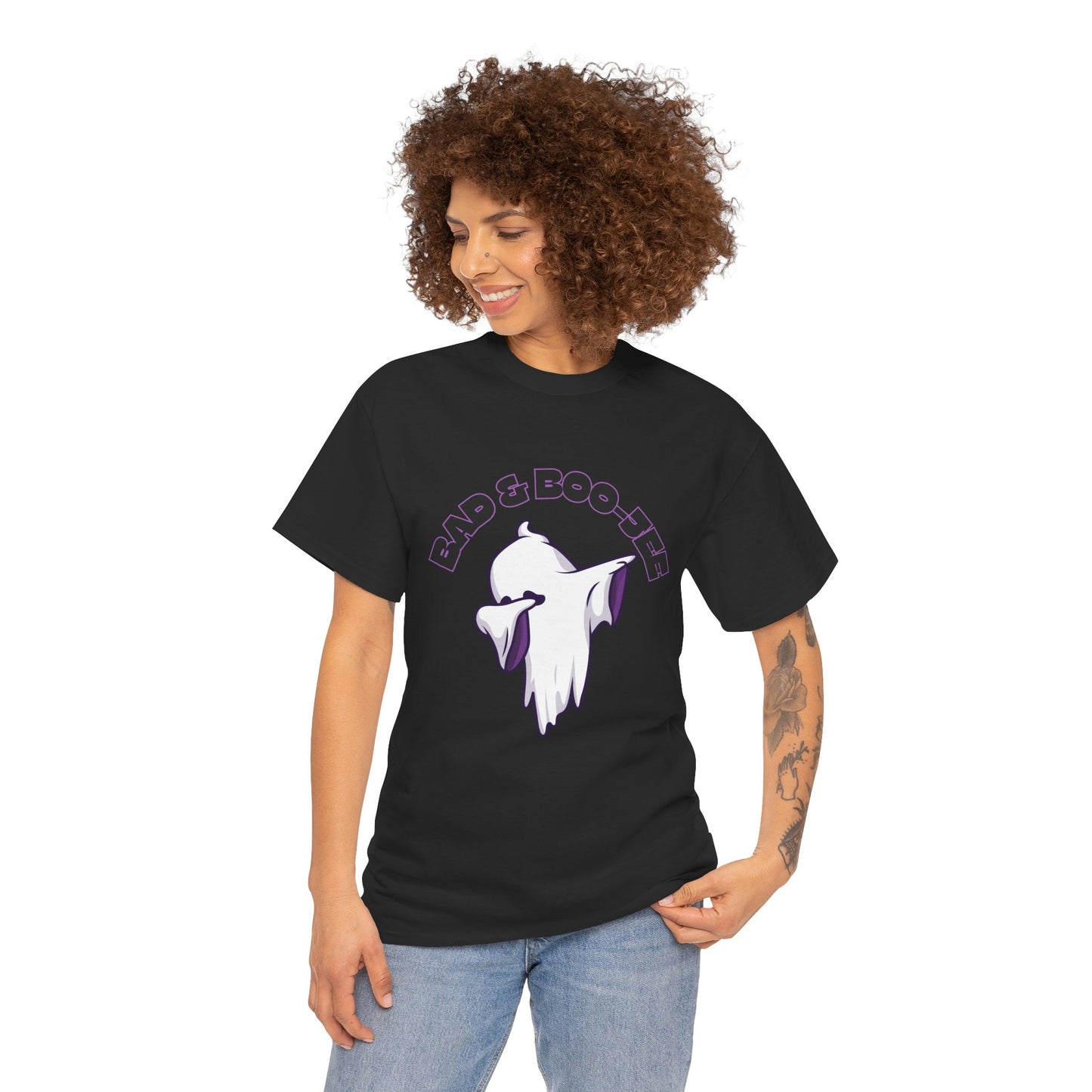 “Bad & Boo-jee” Funny Halloween Dance T-Shirt with Cute Ghost Dab Graphic - Unisex Heavy Cotton Tee