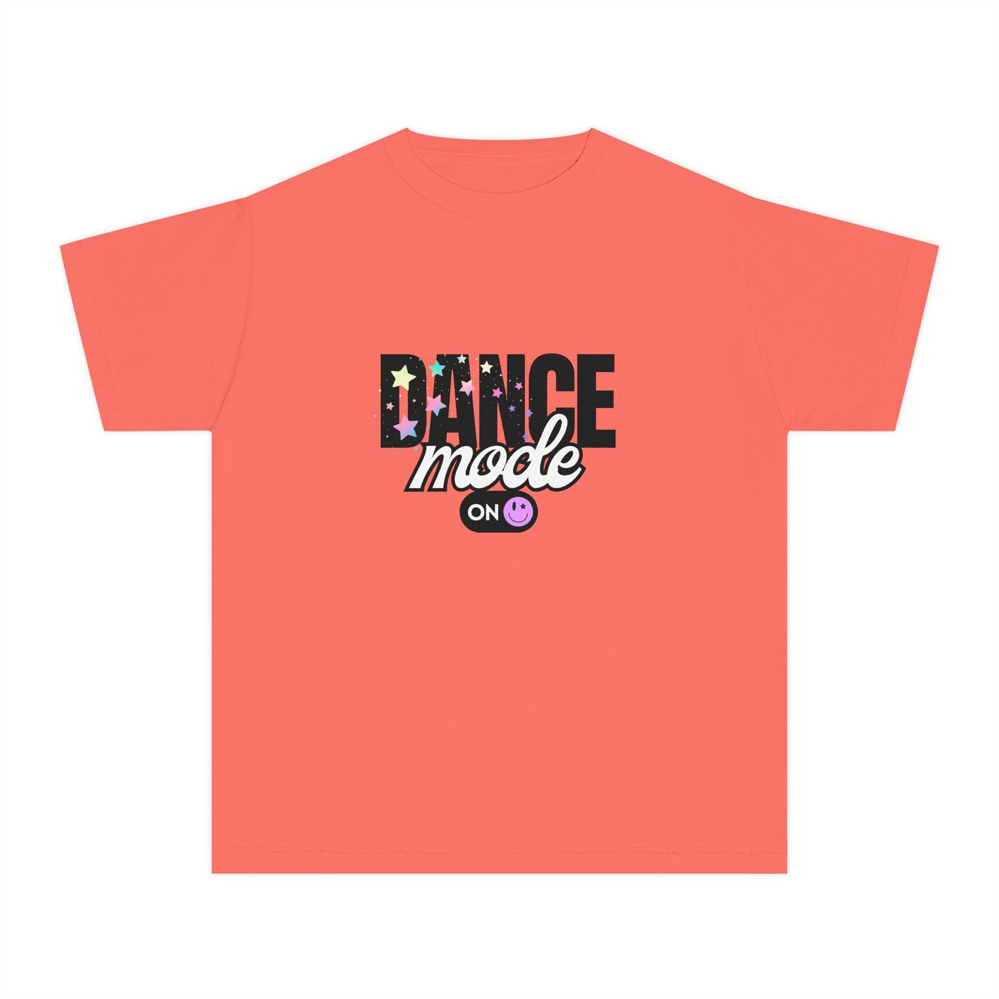 “Dance Mode On" Comfort Colors Youth Midweight T-Shirt – Pastel Stars & Smiley Face Dance Graphic Tee for Kids