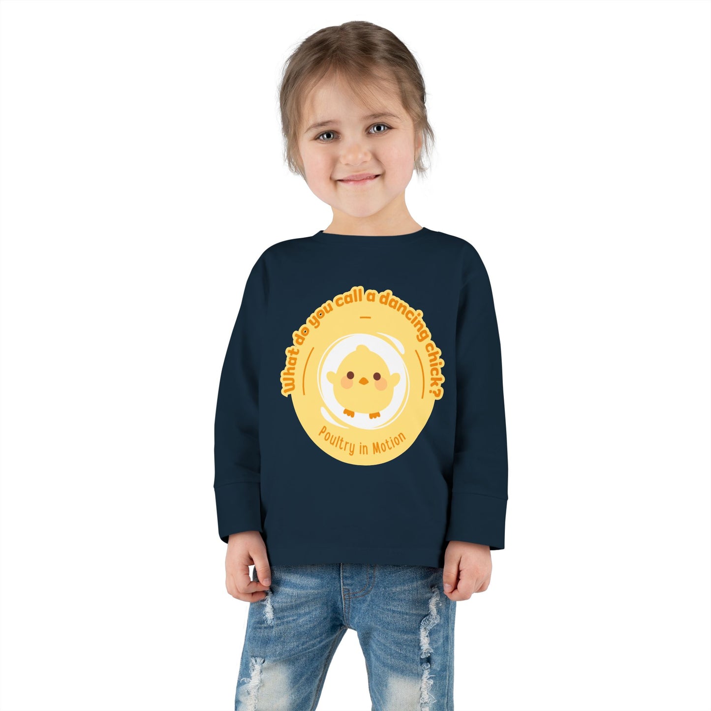 "What Do You Call a Dancing Chick? Poultry in Motion" Toddler Dance T-Shirt – Cute Chicken Graphic Long Sleeve Tee for Kids