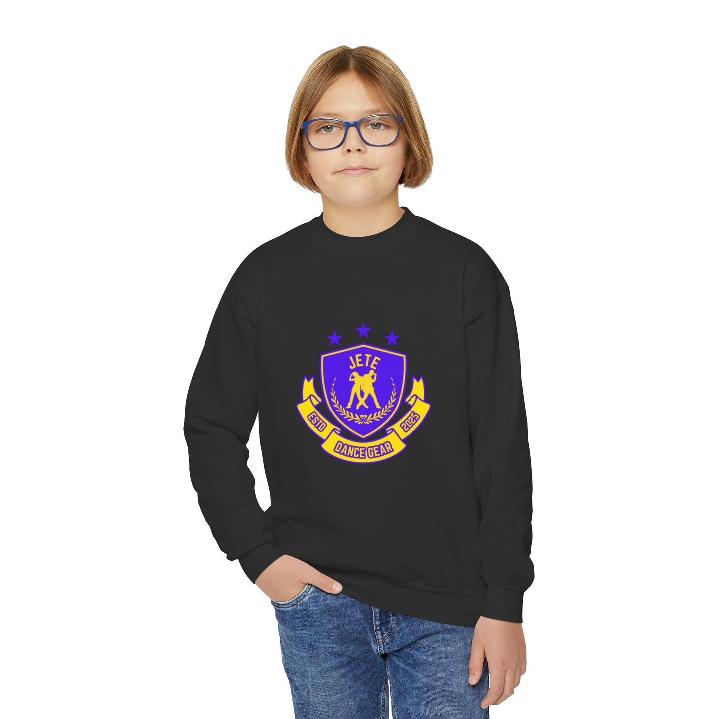 "Jeté Dance Gear" – Collegiate Style Youth Crewneck Sweatshirt | Bold Kids Dance Team Pullover