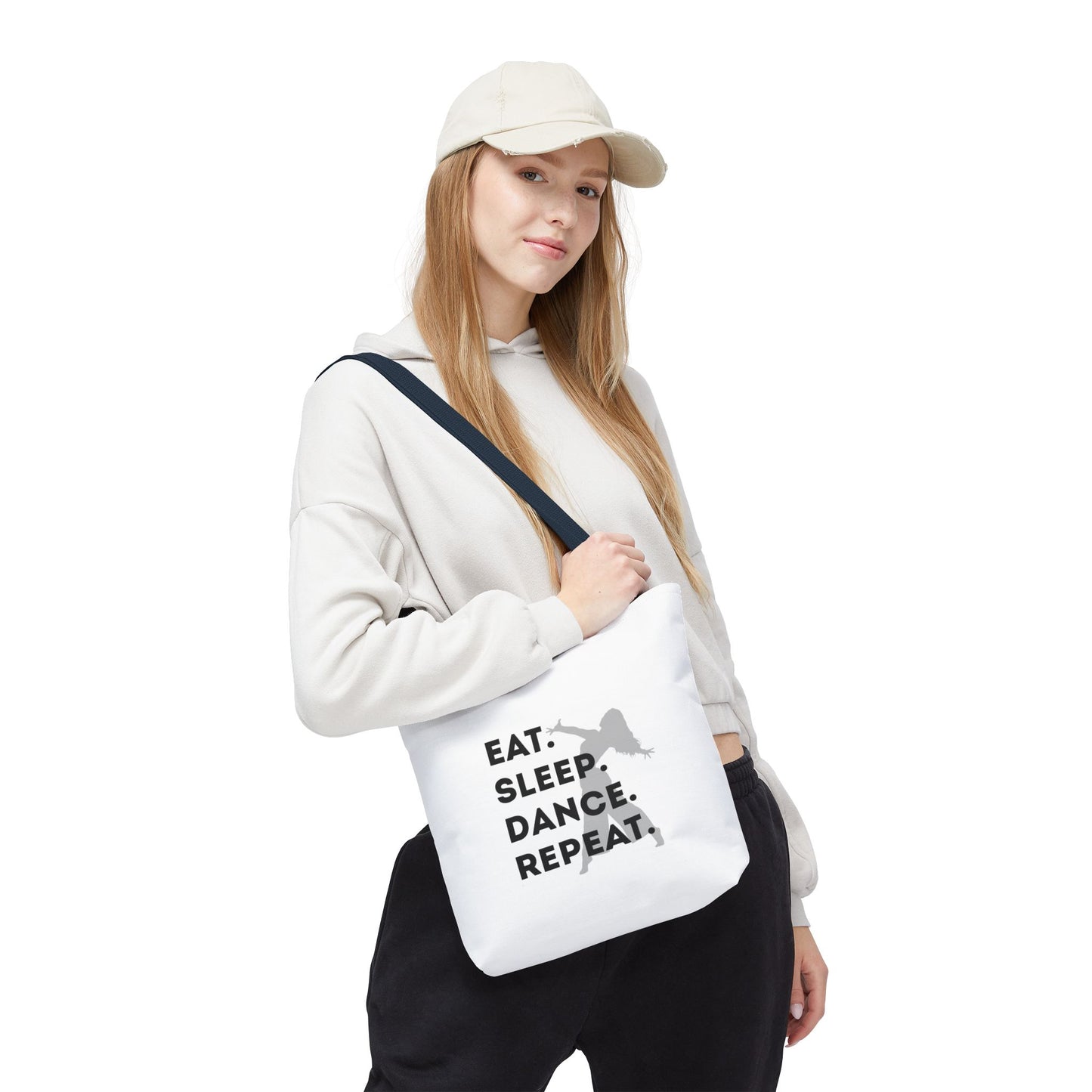 "Eat Sleep Dance Repeat" Canvas Tote Bag – Gray Dancer Silhouette Dance-Themed Reusable Shoulder Bag for Dancers, Studio, or Everyday Use