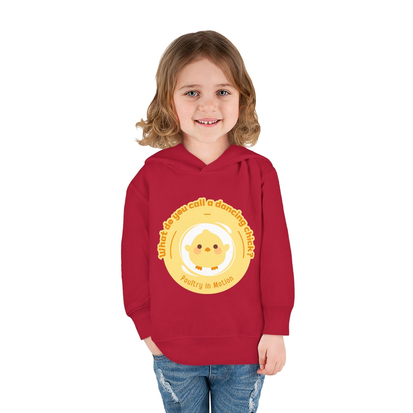 "What do you call a dancing chick? Poultry in Motion." Toddler Pullover Hoodie – Funny Dancing Chicken Pun Graphic Fleece Sweatshirt for Kids