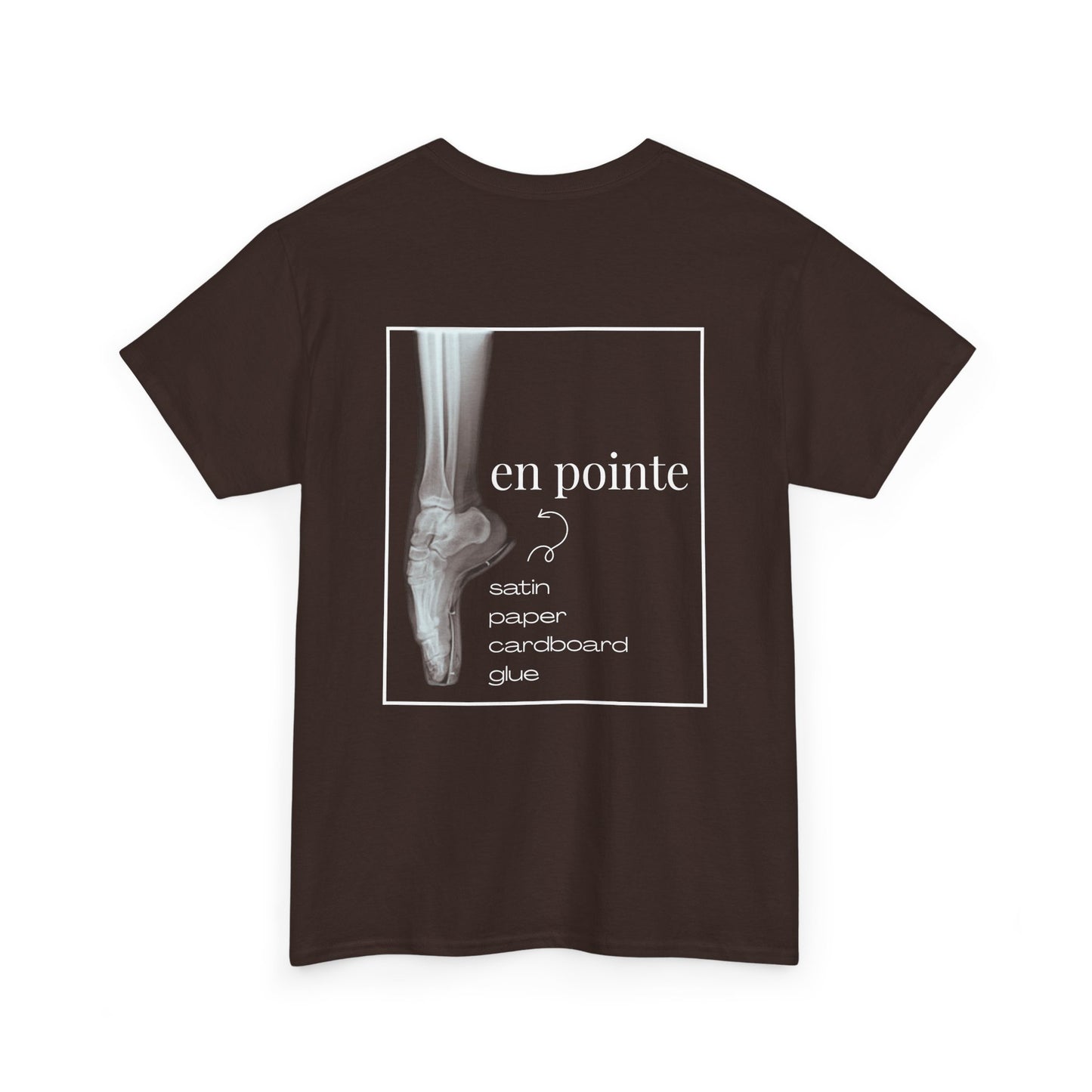 “I Dance en Pointe” X-Ray Ballet T-Shirt – Unisex Heavy Cotton Tee Featuring Pointe Shoe Foot Graphic with Optional Name or Studio Personalization on the back
