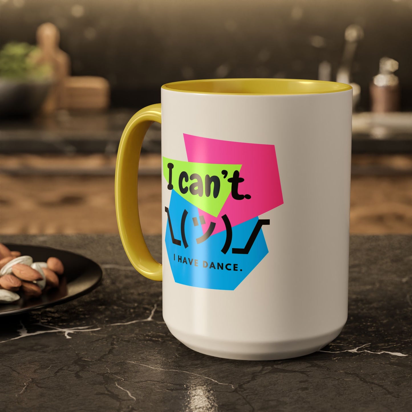 “I Can’t. I Have Dance Mug.” with Colored Handles – Bold 80s Retro Dance Graphic Coffee Cup