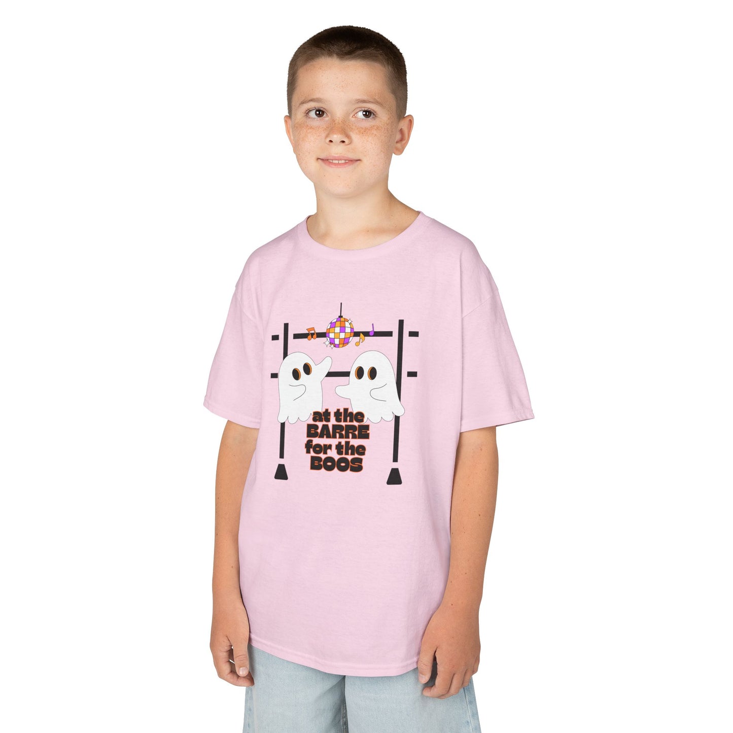 “At the Barre for the Boos” Halloween Dance T-Shirt with Cute Ghost Ballet Graphics - Kids Heavy Cotton™ Tee