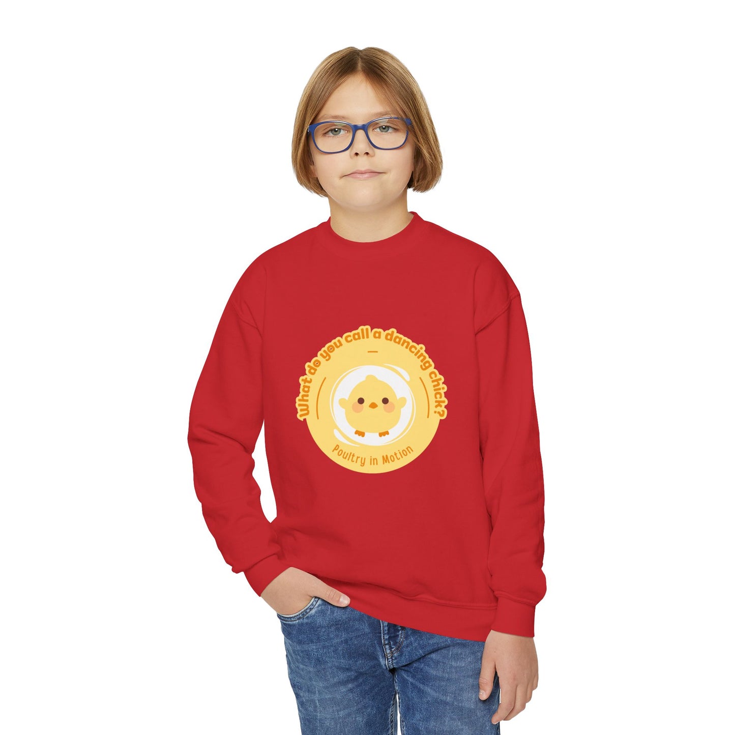 "What do you call a dancing chick? Poultry in Motion." – Funny Dance Pun Youth Crewneck Sweatshirt | Cute Dancing Chicken Kids Pullover