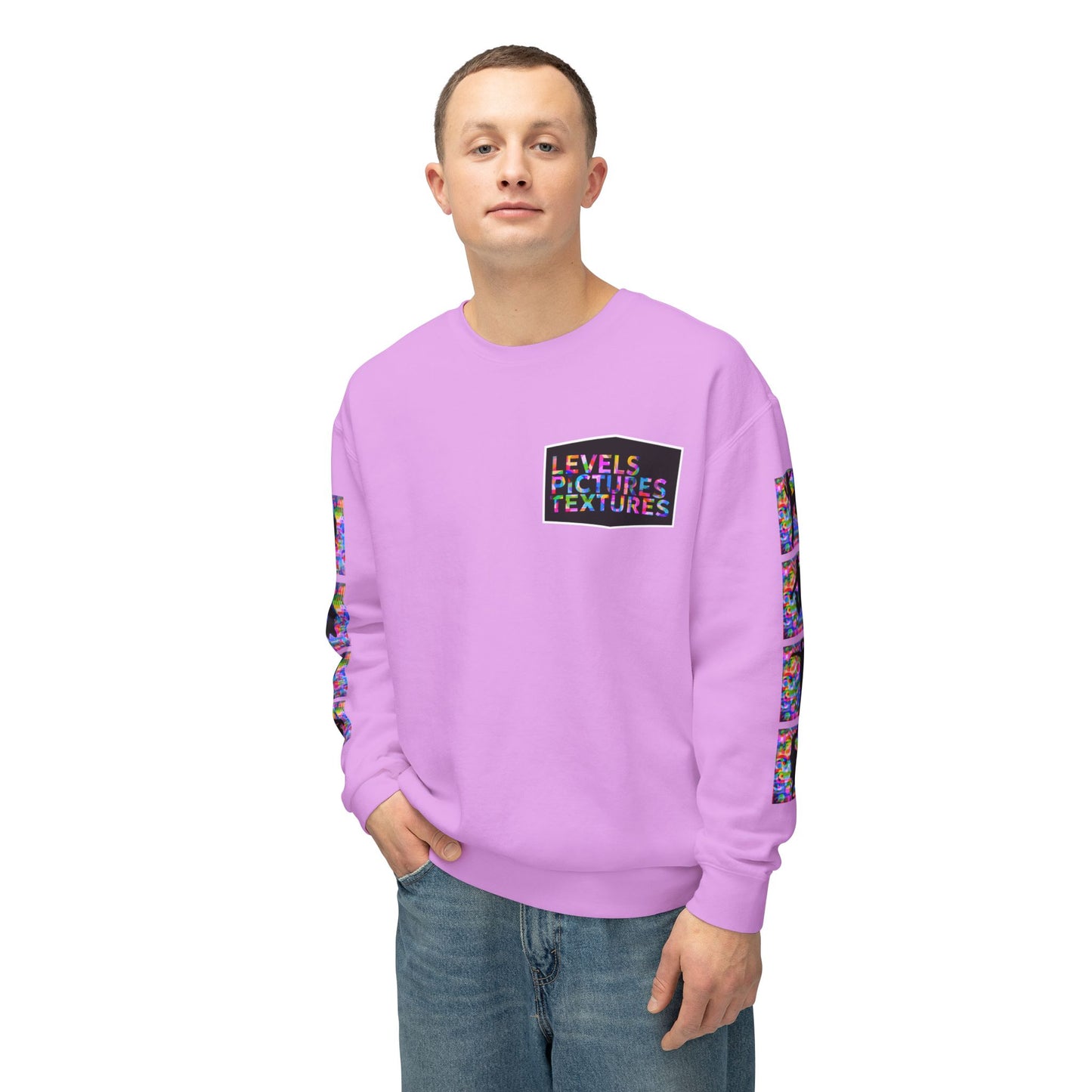 Levels Premium Collection Dance Crewneck Sweatshirt – Vibrant Unisex Streetwear Pullover with "Levels Pictures Textures" Front Text and Dancer Silhouettes on Sleeves