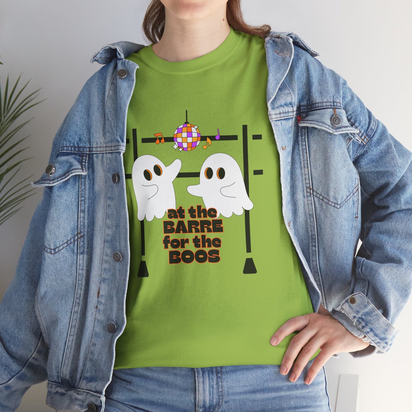 “At the Barre for the Boos” Dance Halloween T-Shirt with Cute Ghost Ballet Graphics - Unisex Heavy Cotton Tee