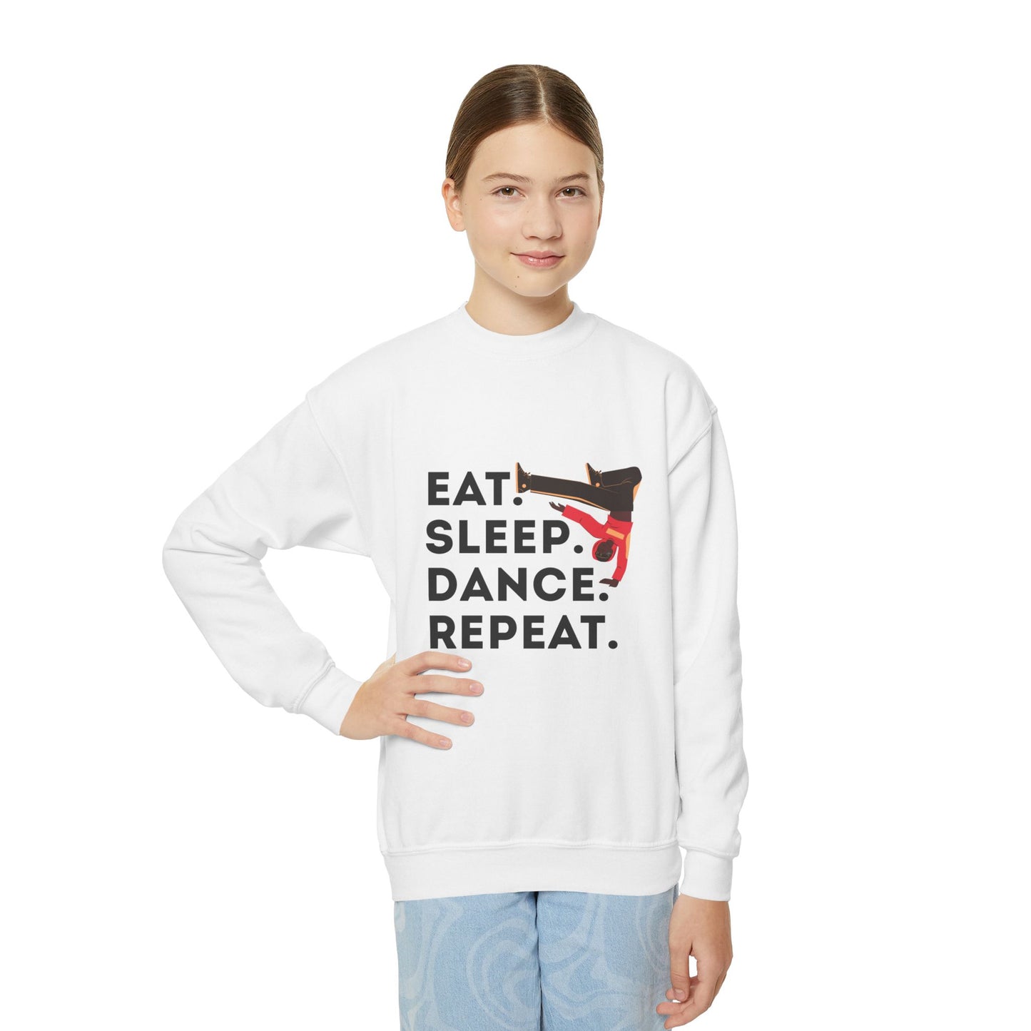 "Eat Sleep Dance Repeat" – Bold B-Boy Graphic Youth Crewneck Sweatshirt | Hip Hop Dance Kids Pullover