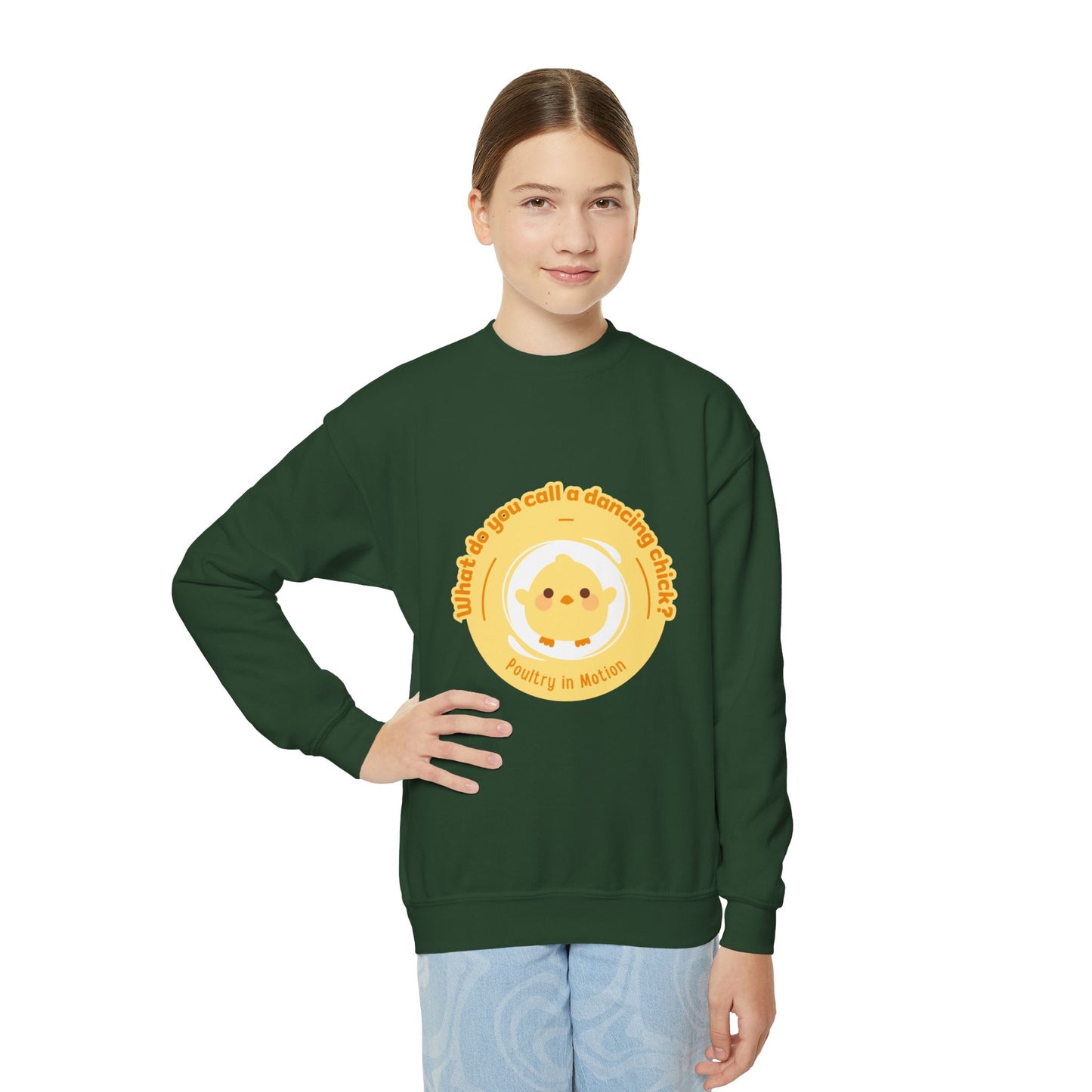 "What do you call a dancing chick? Poultry in Motion." – Funny Dance Pun Youth Crewneck Sweatshirt | Cute Dancing Chicken Kids Pullover