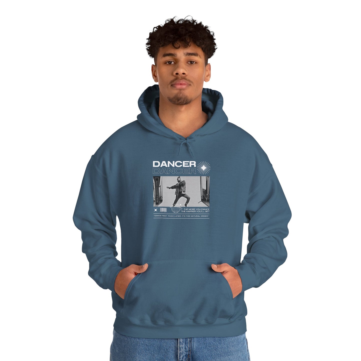 “Dancer” Text with Jazz-Inspired Streetwear-Style Pose Graphic – Unisex Heavy Blend™ Hooded Sweatshirt – Cozy Dance Hoodie for Jazz Dancers & Performing Arts Lovers "