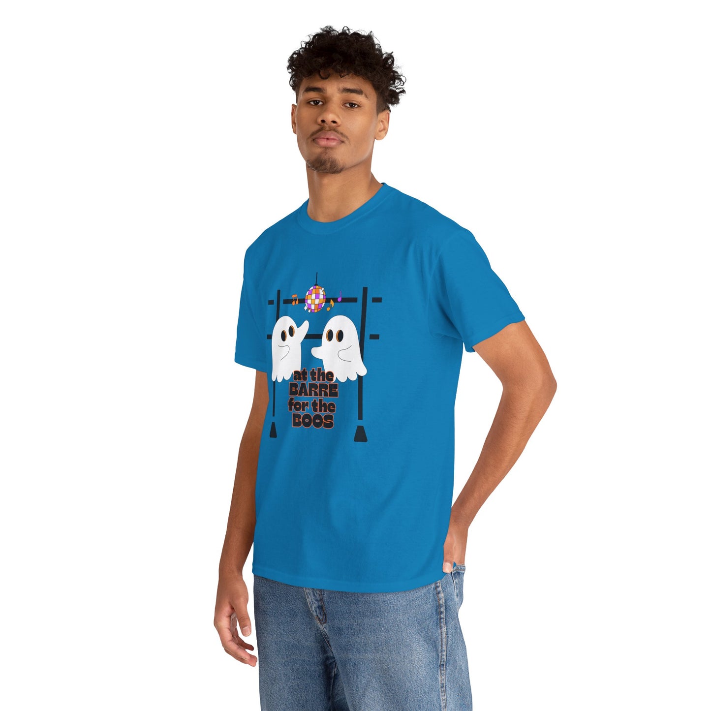 “At the Barre for the Boos” Dance Halloween T-Shirt with Cute Ghost Ballet Graphics - Unisex Heavy Cotton Tee