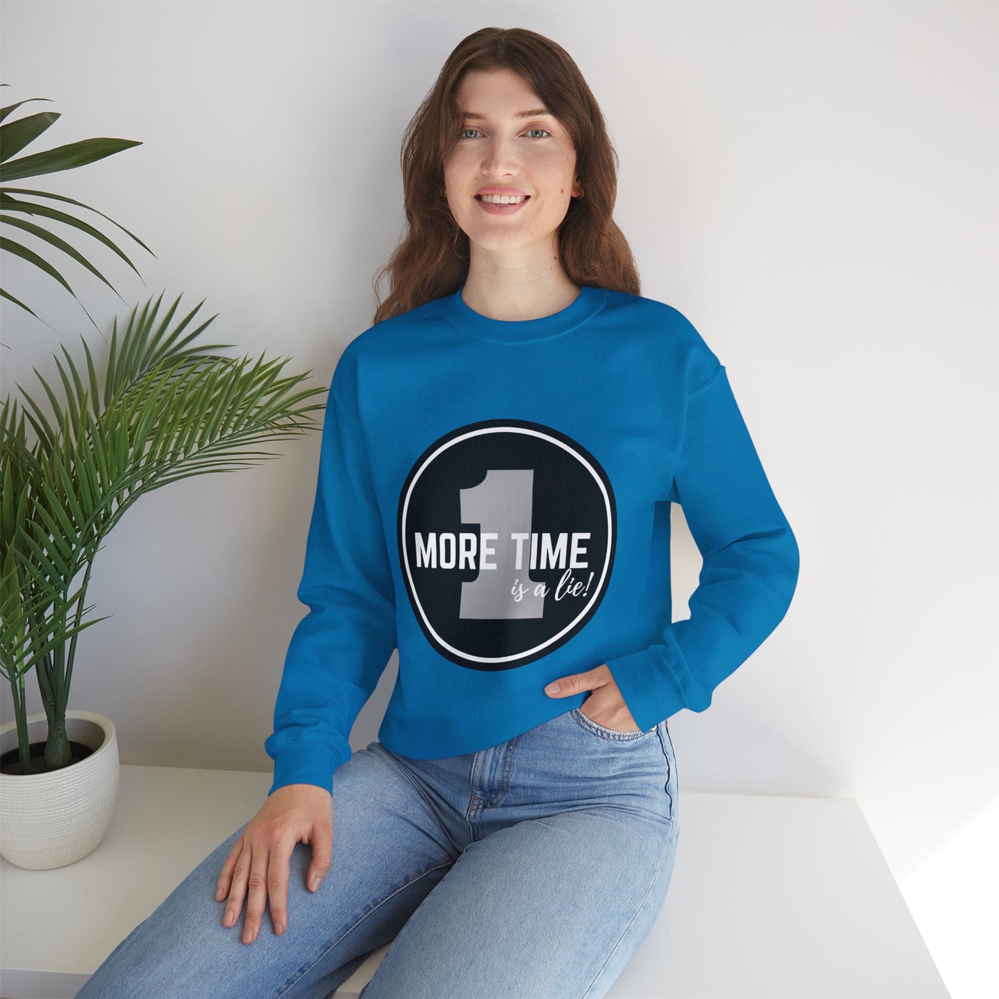 "One More Time Is a Lie." Unisex Heavy Blend Crewneck Sweatshirt – Bold Emblem Graphic Dance Teacher Quote Pullover for Dancers & Studio Life