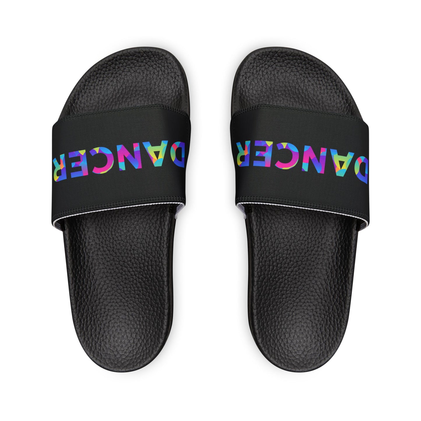 YOUTH SIZES - “Dancer” Colorful Text – Dance-Inspired Custom Slides with Removable Straps | Youth Sandal Slides