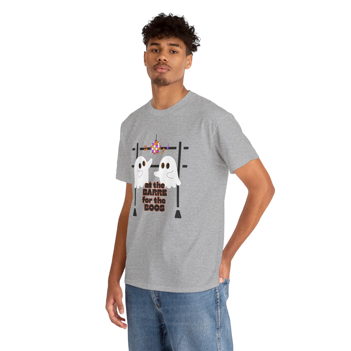 “At the Barre for the Boos” Dance Halloween T-Shirt with Cute Ghost Ballet Graphics - Unisex Heavy Cotton Tee