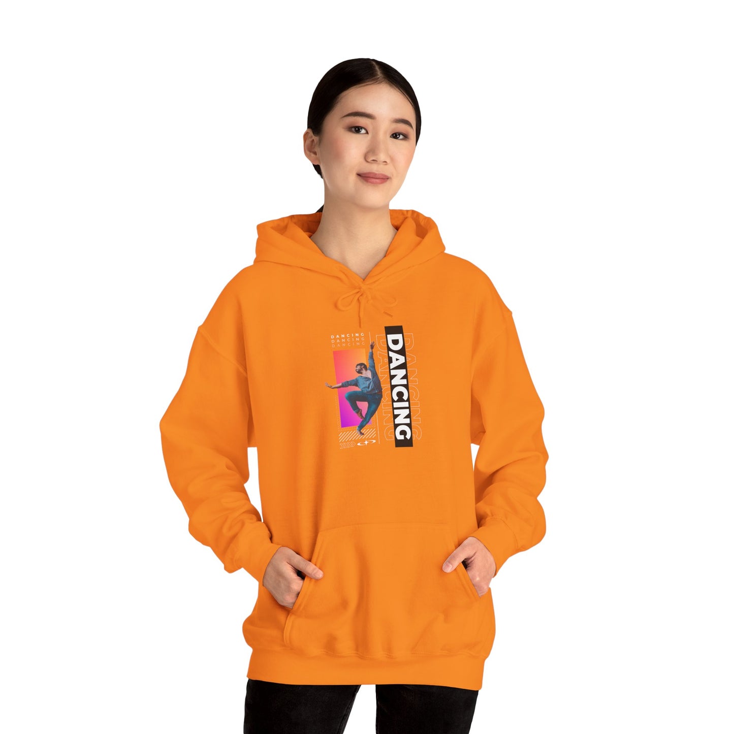 “Dancing” Text with Streetwear-Style Male Dancer Graphic – Unisex Heavy Blend™ Hooded Sweatshirt – Cozy Dance Hoodie for Performers & Dance Enthusiasts