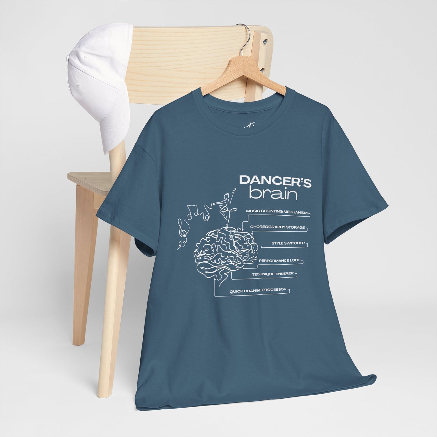 “Dancer’s Brain” Funny Dance Anatomy T-Shirt – Unisex Heavy Cotton Tee with Cute Dancer Brain Diagram and Optional Back Personalization