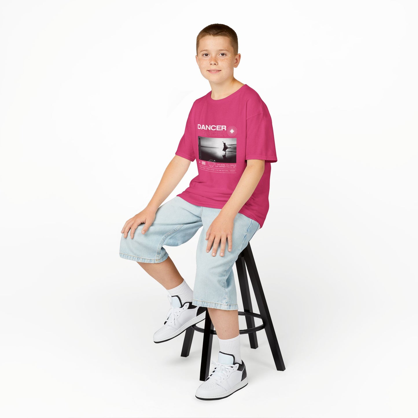 "Dancer" Arabesque on the Beach – Youth Short Sleeve Dance Tee in Streetwear-Inspired Style