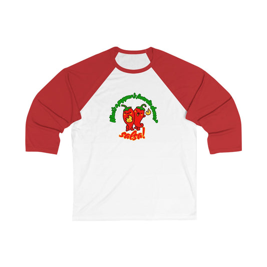 "What’s a Pepper’s Favorite Dance? Salsa!" Unisex 3/4 Sleeve Baseball Tee – Funny Dance Shirt with Cute Pepper Graphic for Dancers