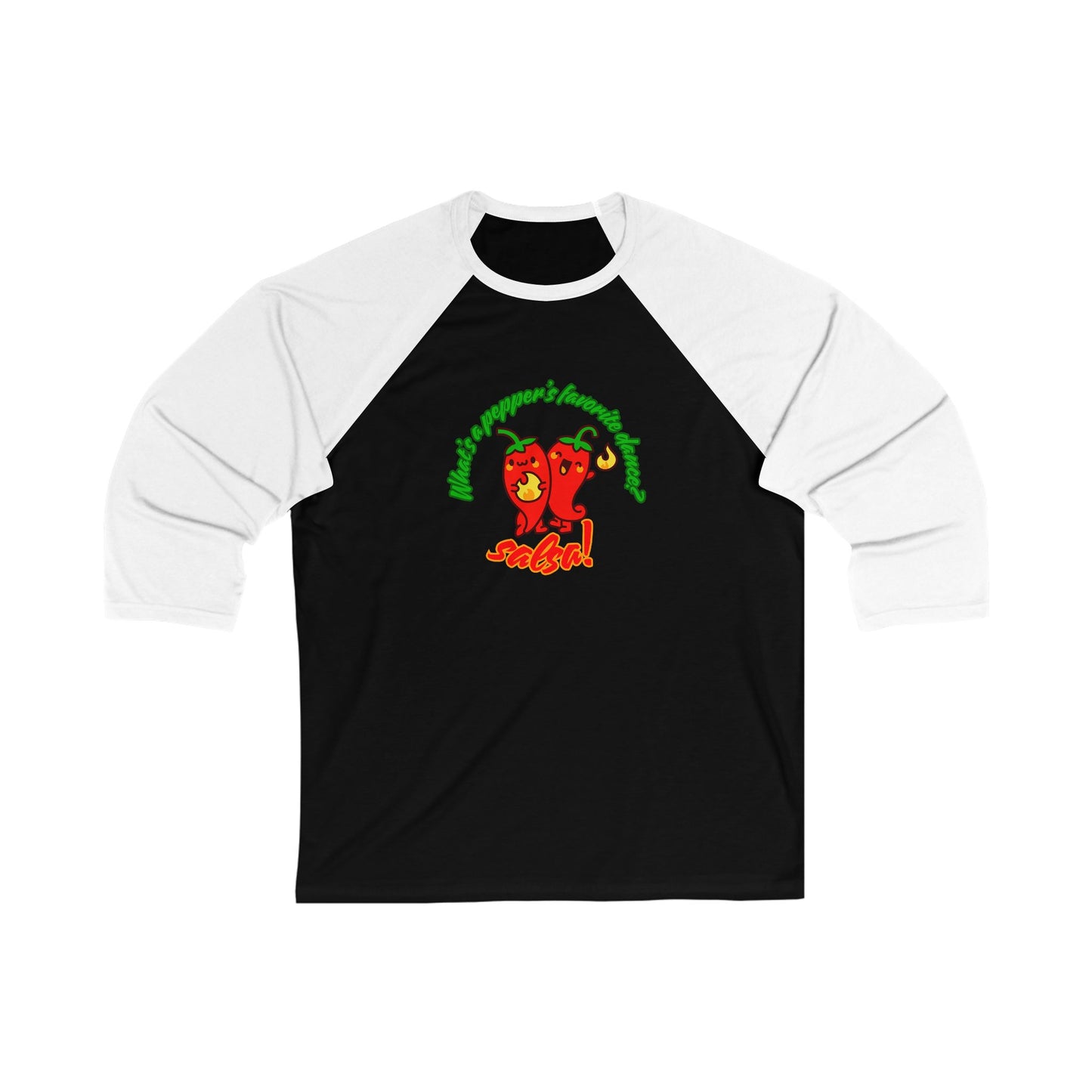 "What’s a Pepper’s Favorite Dance? Salsa!" Unisex 3/4 Sleeve Baseball Tee – Funny Dance Shirt with Cute Pepper Graphic for Dancers