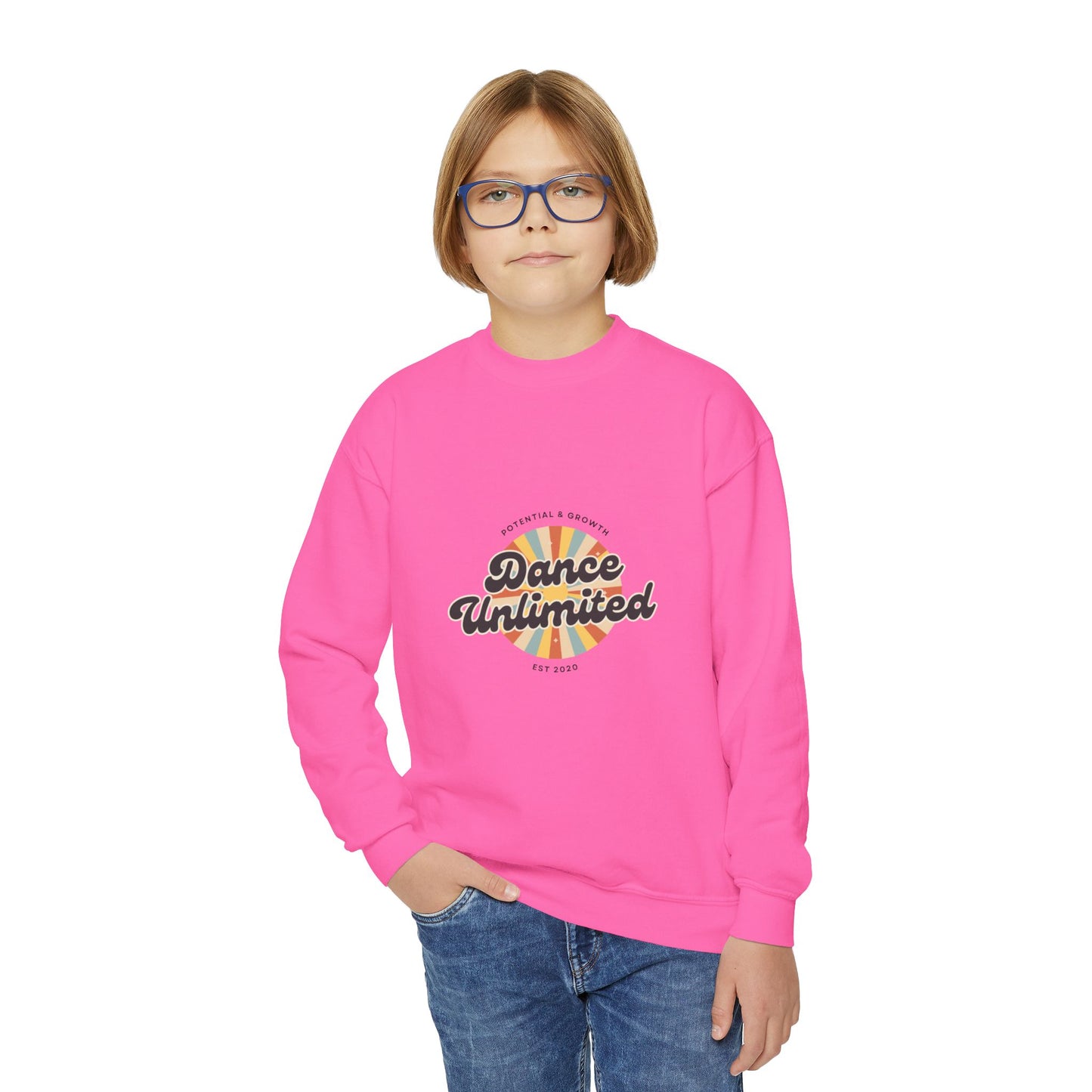 "Dance Unlimited - Potential & Growth" Youth Dance Unlimited Crewneck Sweatshirt – Retro Graphic | Motivational Dance Apparel for Kids