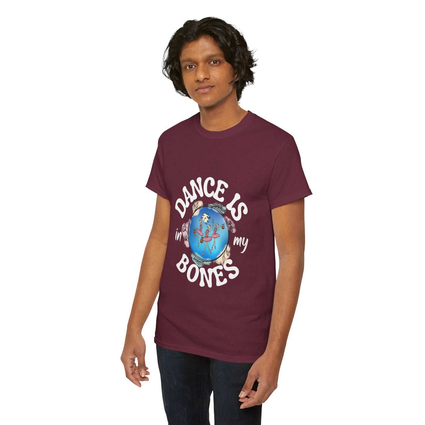 “Dance Is in My Bones” Halloween Dance T-Shirt with Dancing Skeletons Graphic - Unisex Heavy Cotton Tee