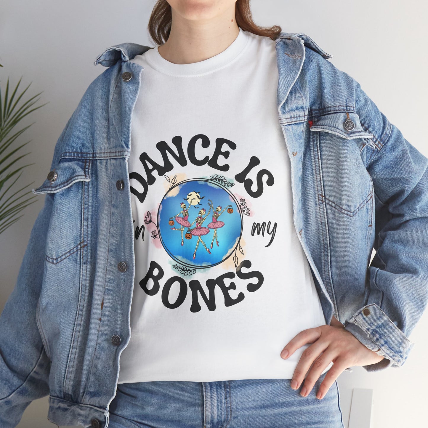 “Dance Is in My Bones” Halloween Dance T-Shirt with Dancing Skeletons Graphic - Unisex Heavy Cotton Tee