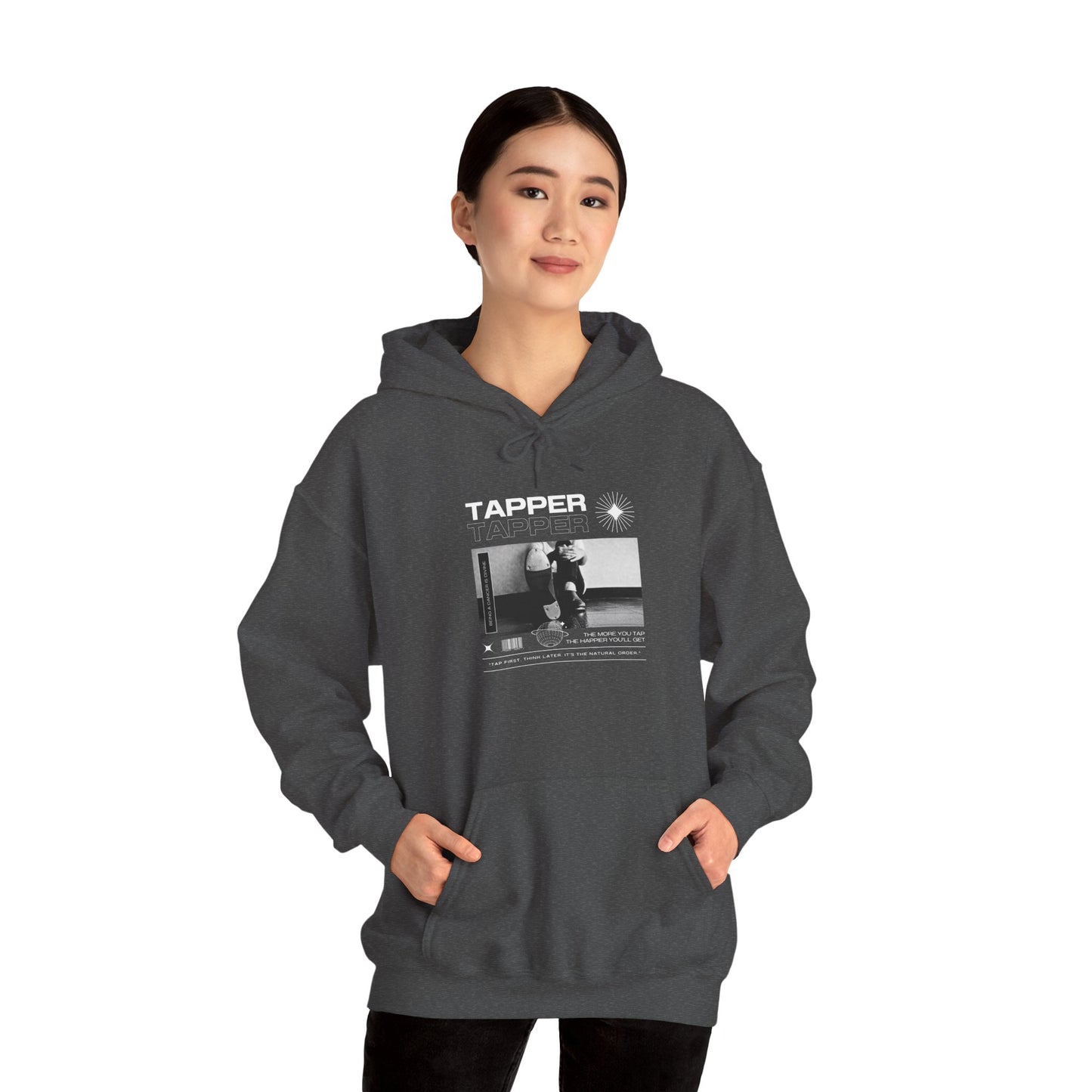 “Tapper” Tap Dance Text with Streetwear-Style Tap Shoes Graphic – Unisex Heavy Blend™ Hooded Sweatshirt – Cozy Dance Hoodie for Tap Dancers & Performing Arts Fans